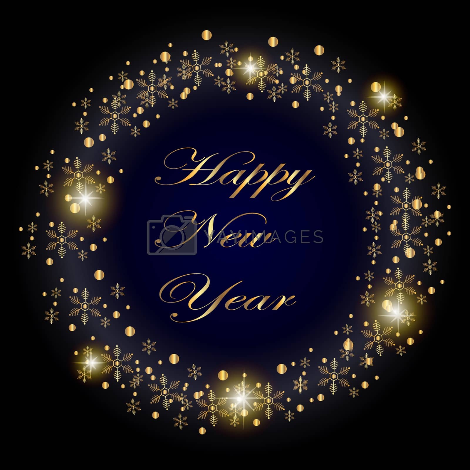 Royalty free image of New Year card. Golden wreath of snowflakes on a dark background by Musjaka