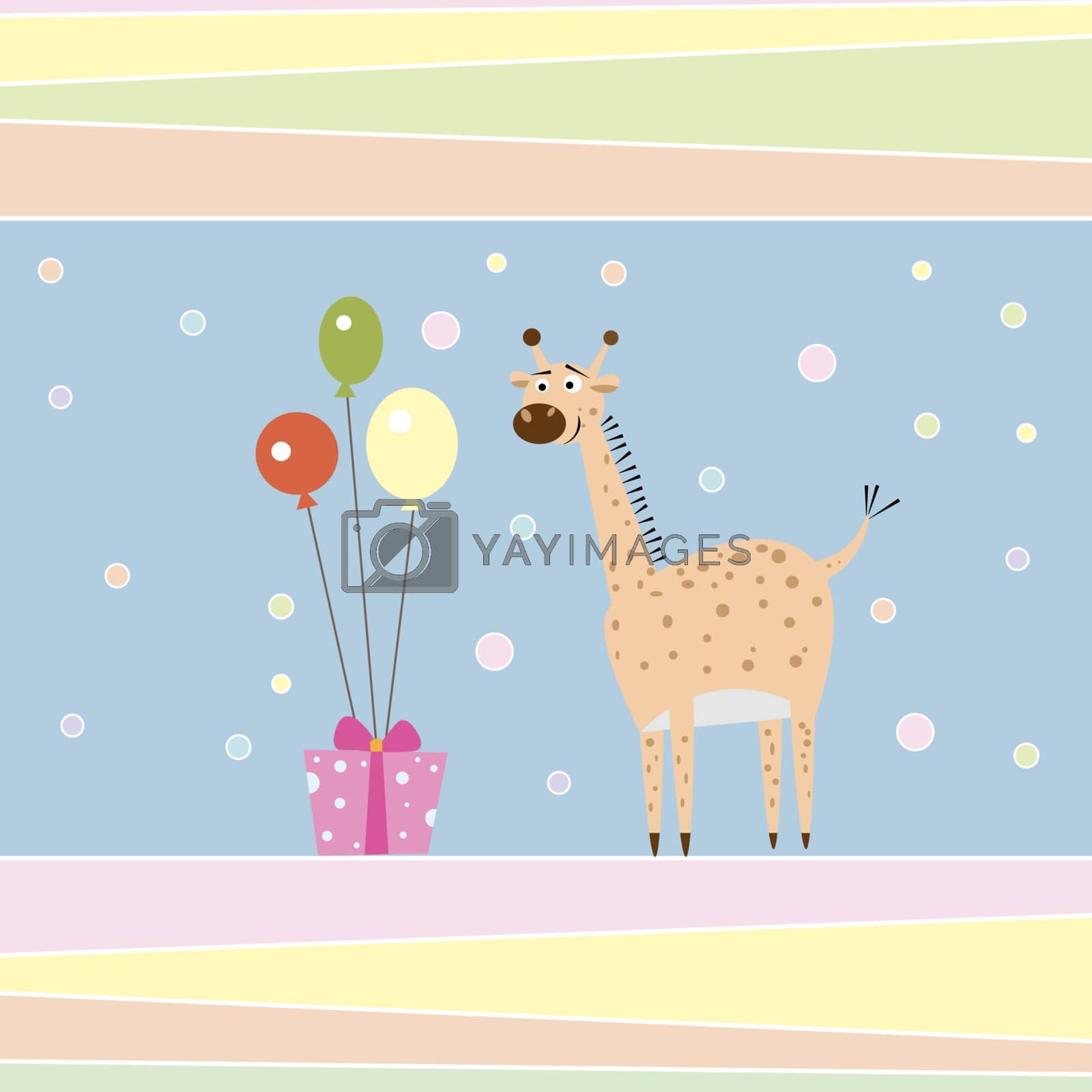 Royalty free image of funny cartoon giraffe with gift and balloons greeting card by Musjaka