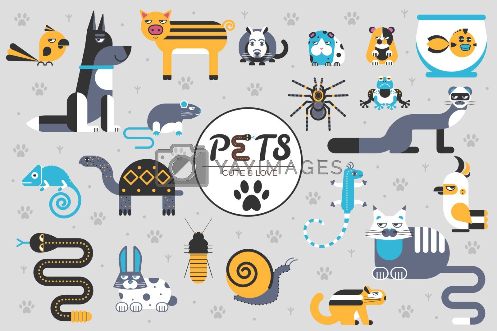 Pets flat illustration concept. Wildlife and home zoo animals vector design icons
