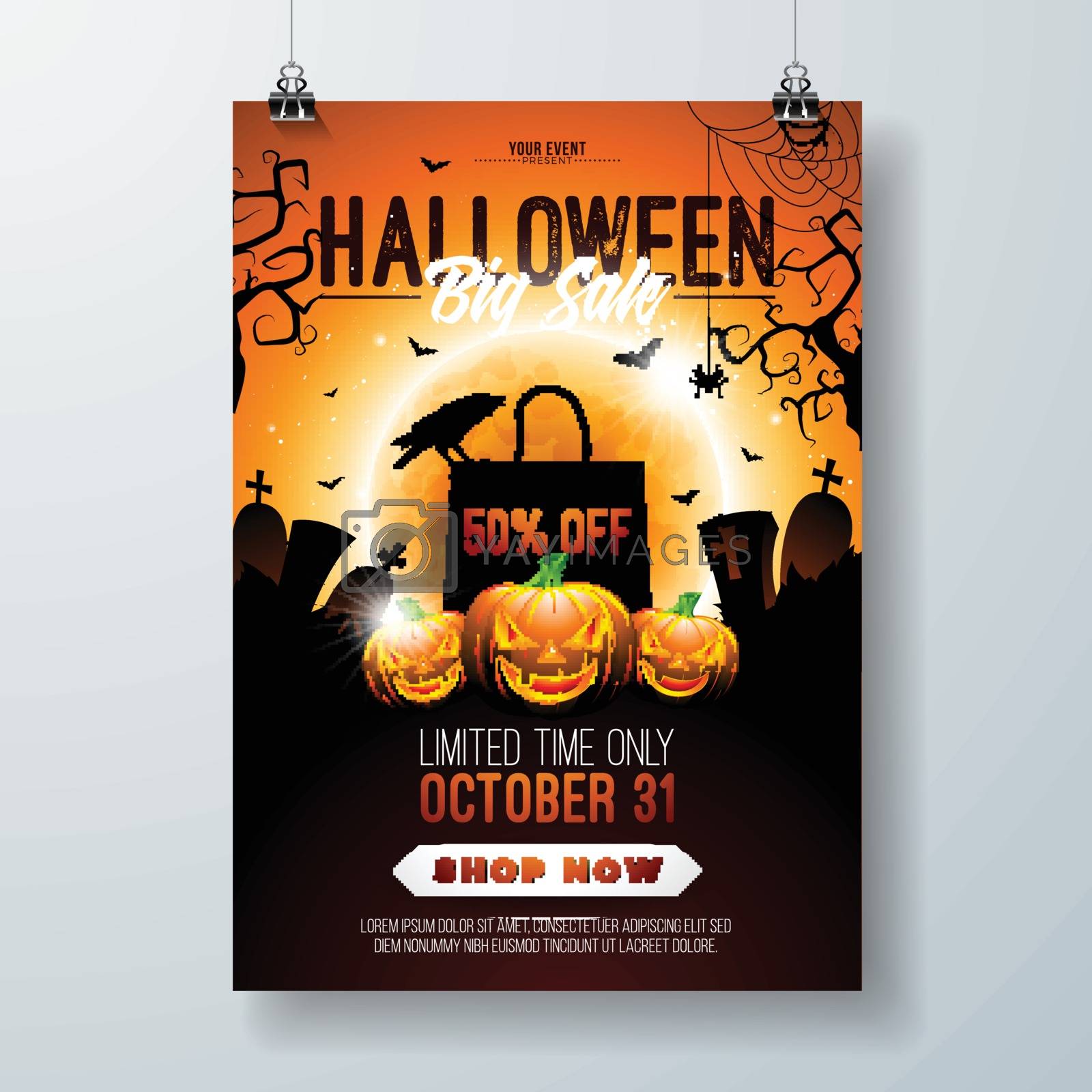 Royalty free image of Halloween Sale vector flyer illustration with pumpkin, moon, crow, bats and cemetery on orange sky background. Holiday design with typography lettering for offer, coupon, celebration banner, voucher or promotional poster. by articular