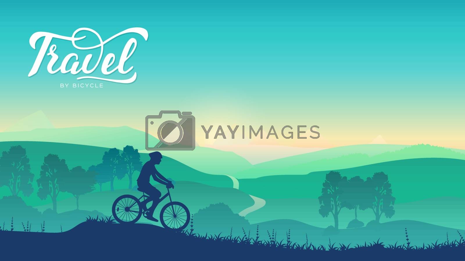 Royalty free image of Cyclist rides on the trail in nature background. Summer morning nature illustration. Sport lifestyle of cyclists. Cycling tour from mountain design by Linetale