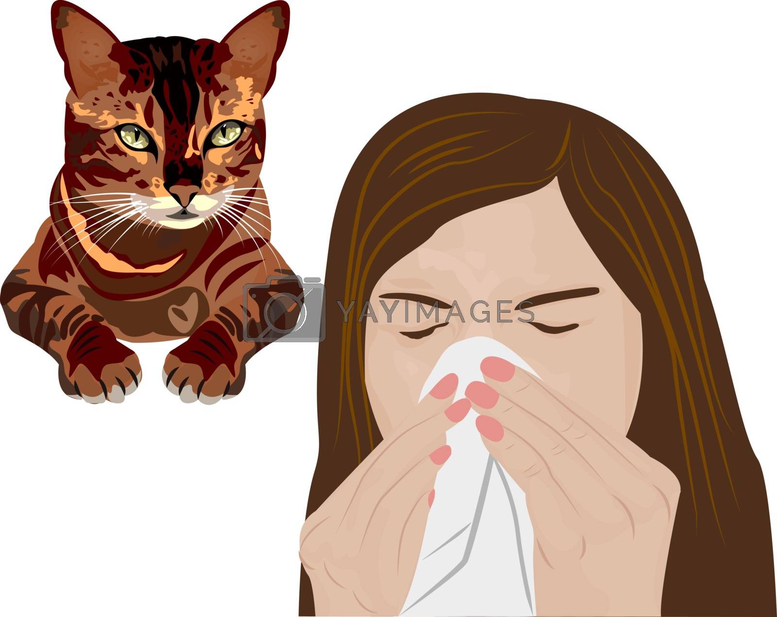 Young sick woman ill suffering pets allergy A sneezing girl. Allergy vector illustration