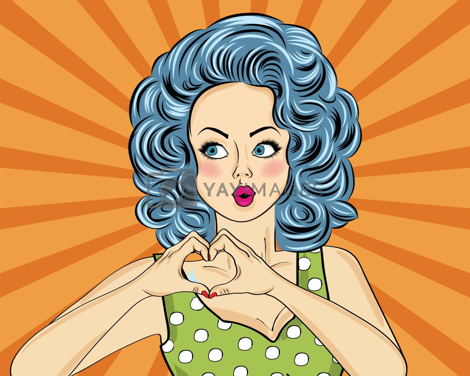 Royalty free image of Pop art woman making heart sign with hands. Comic woman . Pin up by balasoiu