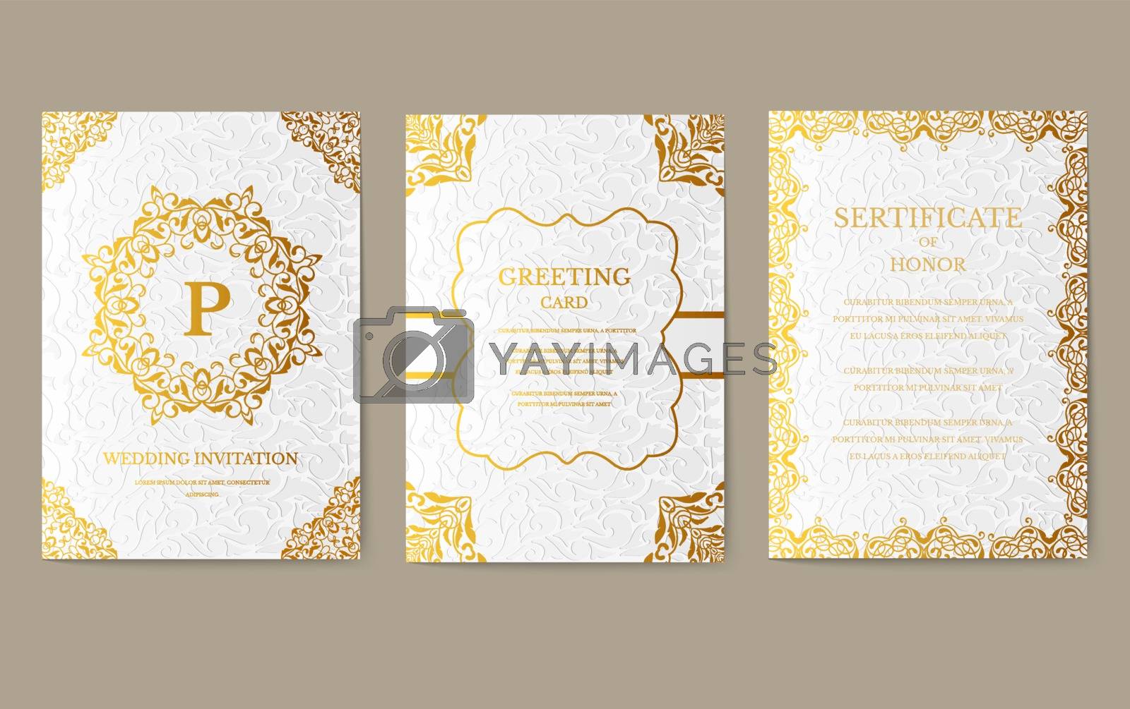 Royalty free image of Set of Luxury Gold artistic pages with logo brochure template. Vintage art identity, floral, magazine. Traditional, Islam, arabic, indian. Decorative retro greeting card or invitation design by Linetale