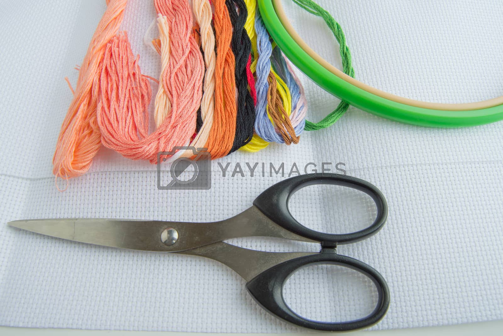 Royalty free image of Scissors and bright colorful thread for embroidery thread on canvas. Handmade accessories on white background. Place for text, top view by claire_lucia
