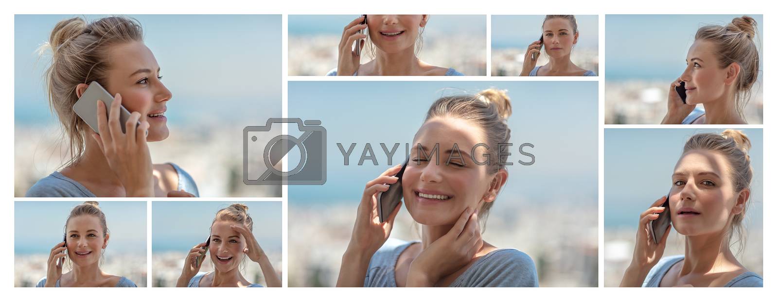 Photo collage of a pretty happy woman talking on the phone, enjoying communication, using modern technology