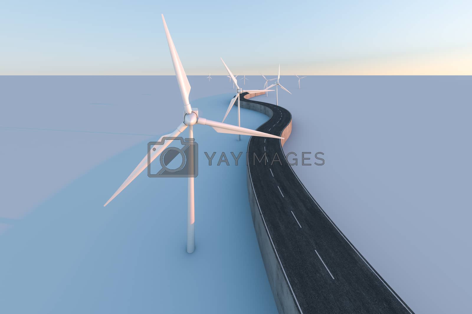 Royalty free image of Windmills and winding road in the open, 3d rendering. by vinkfan