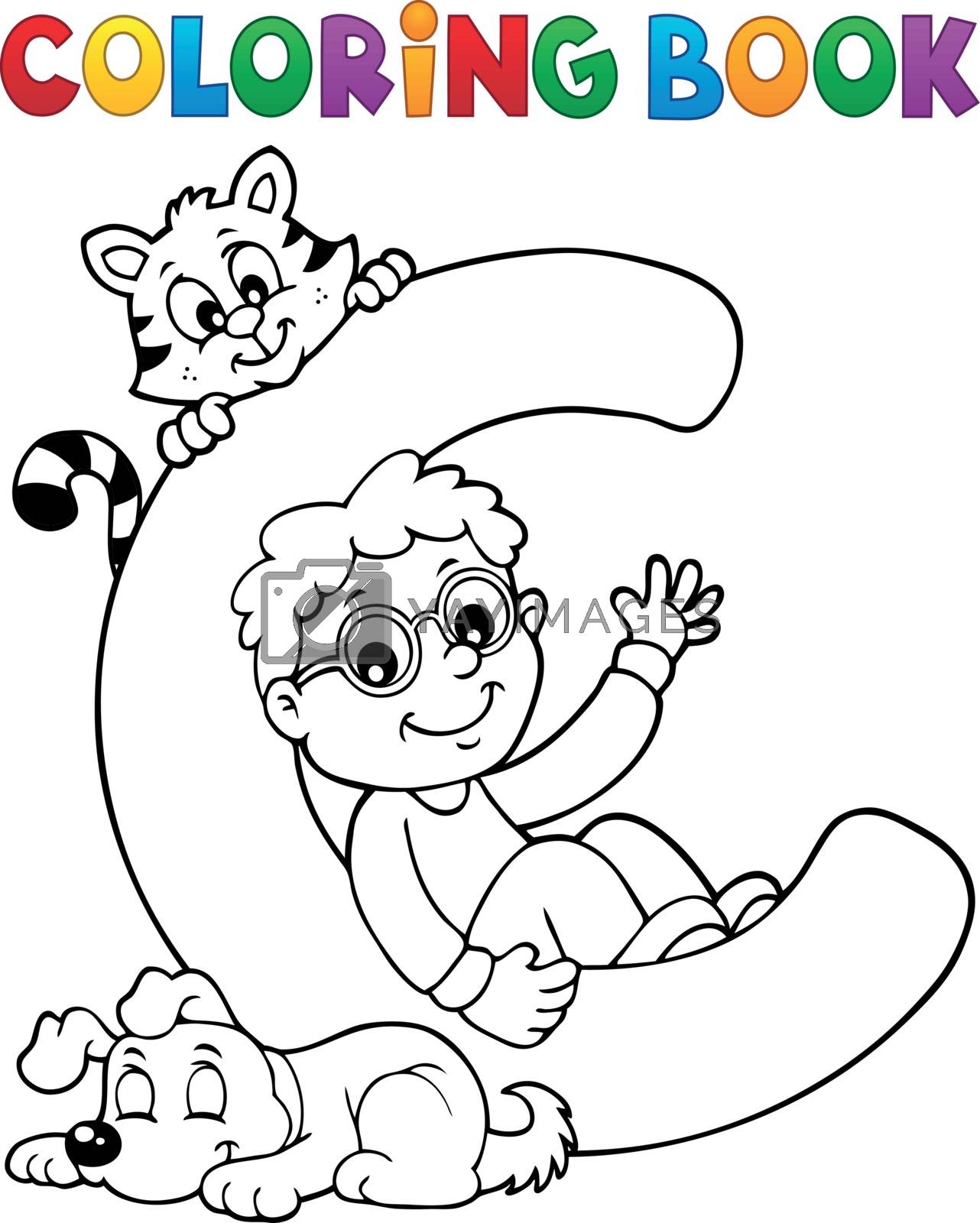 Coloring book boy and pets by letter C - eps10 vector illustration.