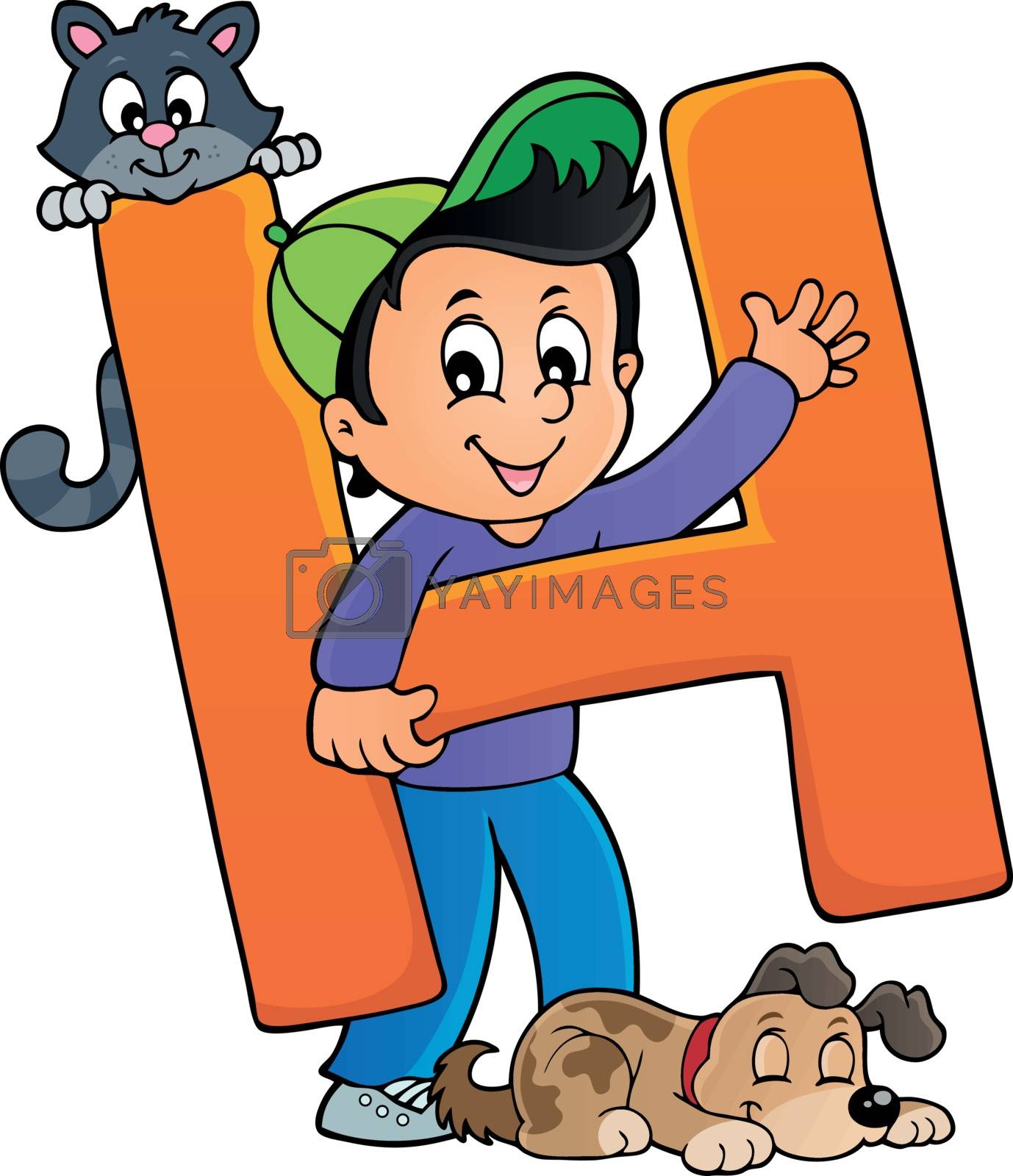 Boy and pets with letter H - eps10 vector illustration.