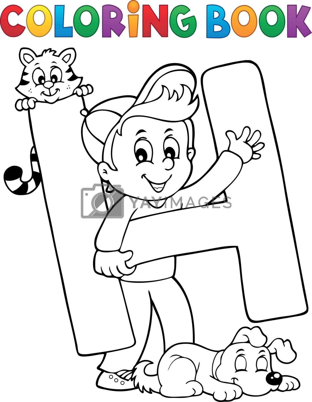 Coloring book boy and pets by letter H - eps10 vector illustration.