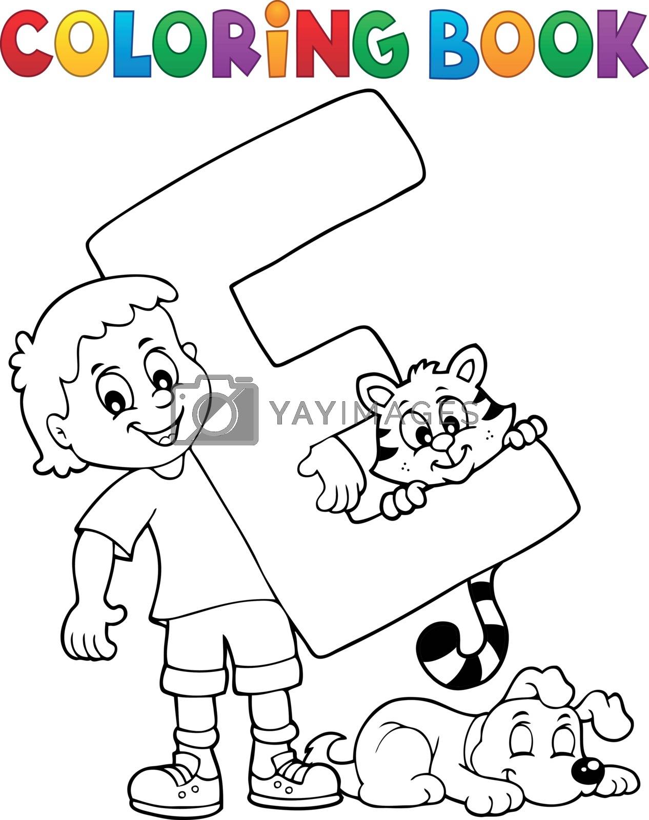 Coloring book boy and pets by letter E - eps10 vector illustration.