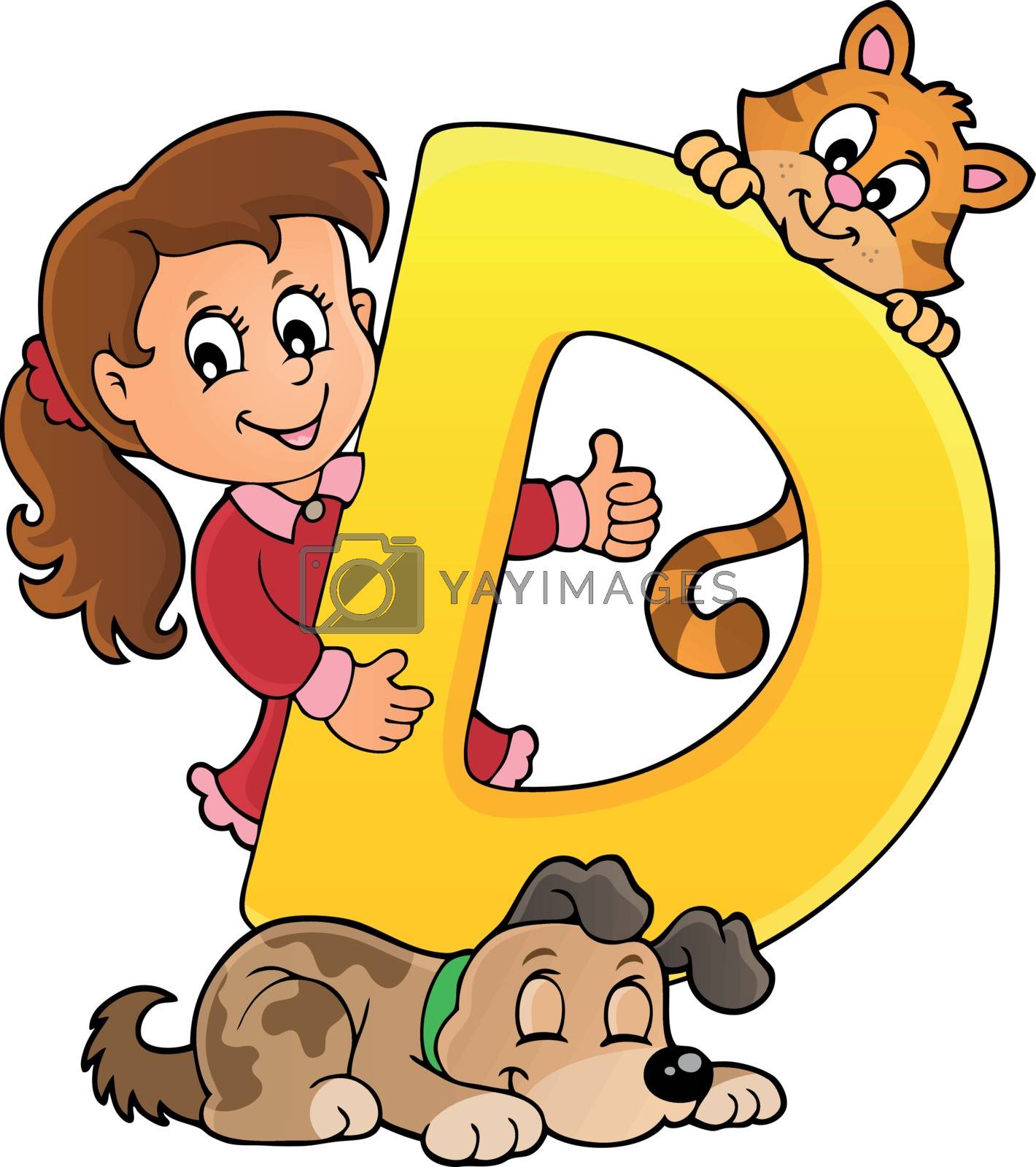 Girl and pets with letter D - eps10 vector illustration.