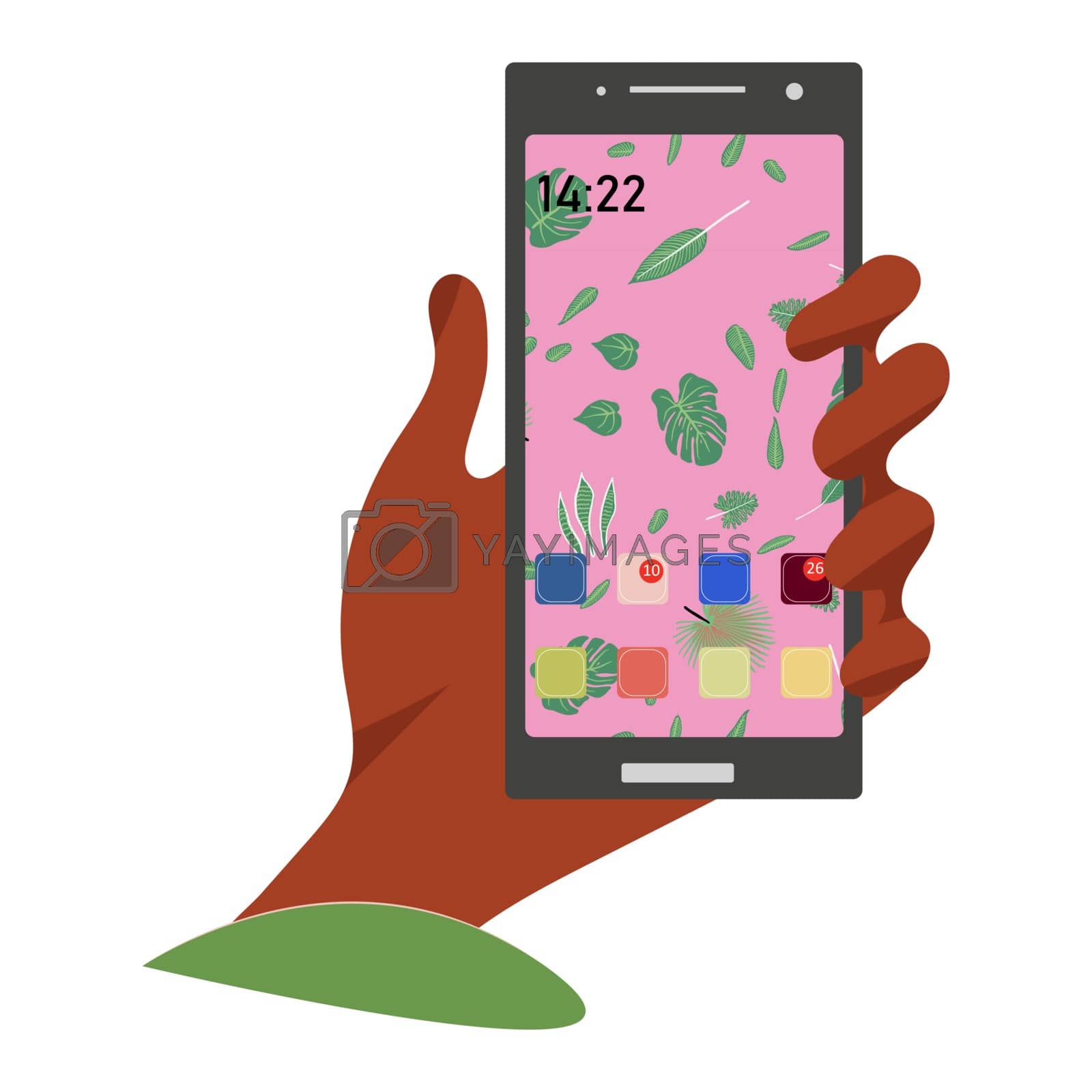 Royalty free image of Hand holding a smartphone with tropical leaves pattern on screen. by Nata_Prando