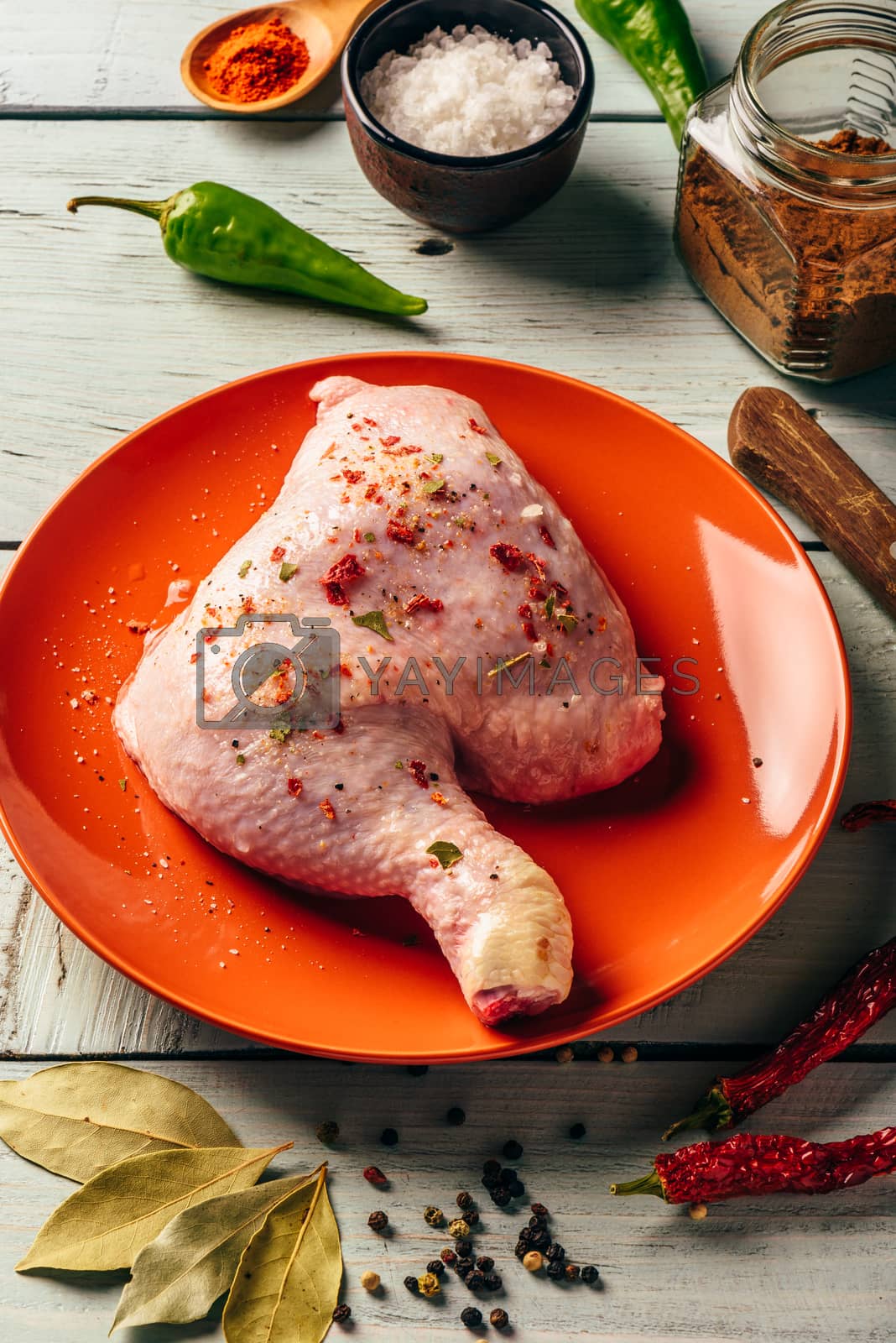 Royalty free image of chicken leg quarter on plate with different spices by Seva_blsv