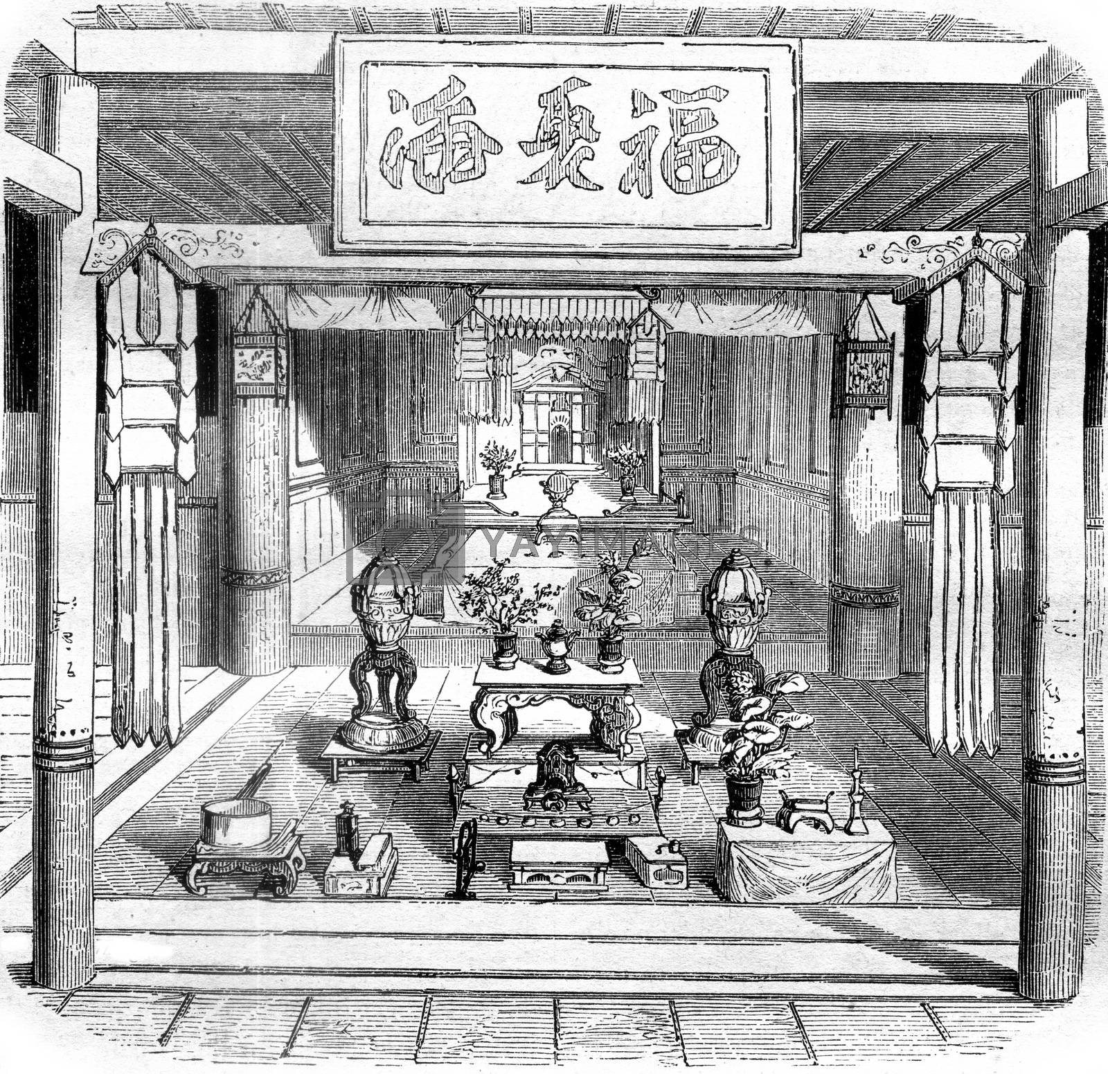 Royalty free image of Interior view of a Buddhist temple, vintage engraving. by Morphart