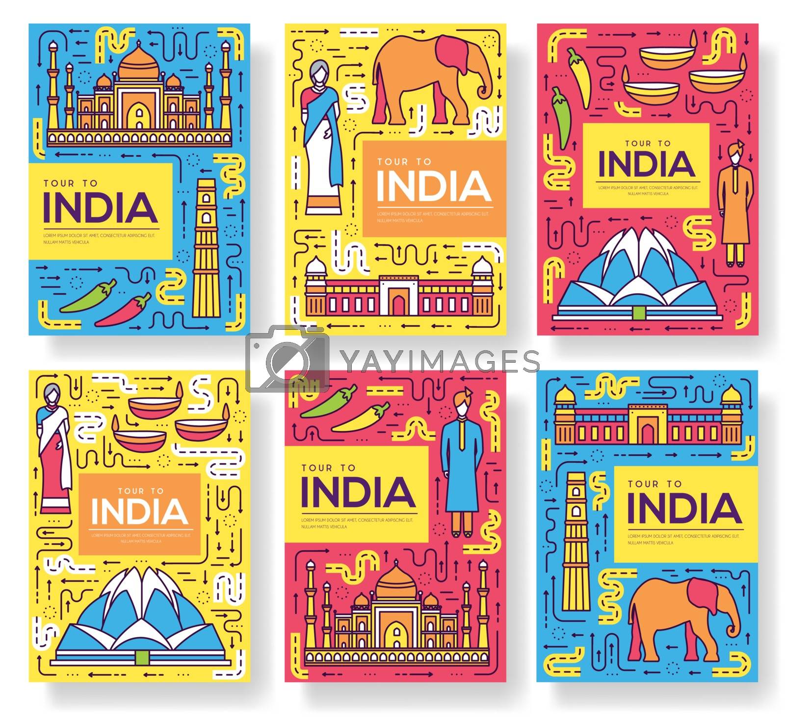 Royalty free image of India vector brochure cards thin line set. Country travel template of flyear, magazines, posters, book cover, banners. Layout culture monument outline illustrations modern pages by Linetale
