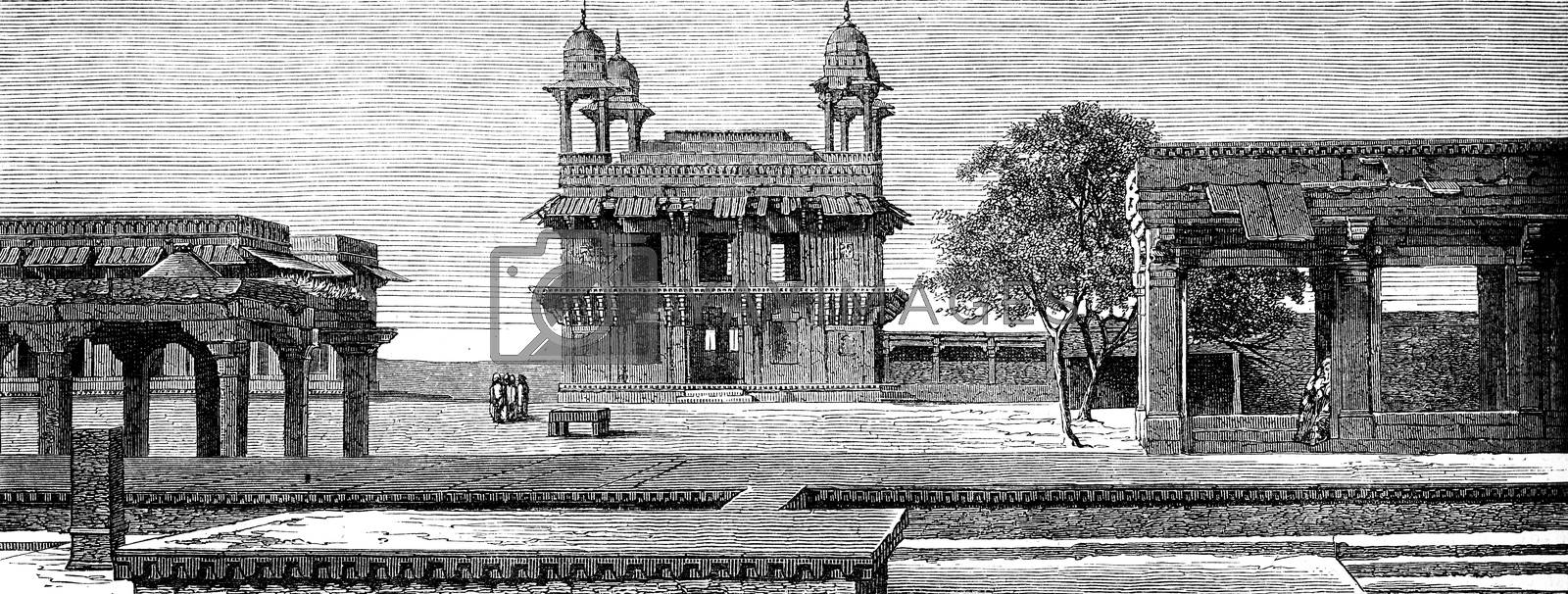 Royalty free image of Diwan-i-Khas and court Pachisi to Fatehpur Sikri, vintage engrav by Morphart