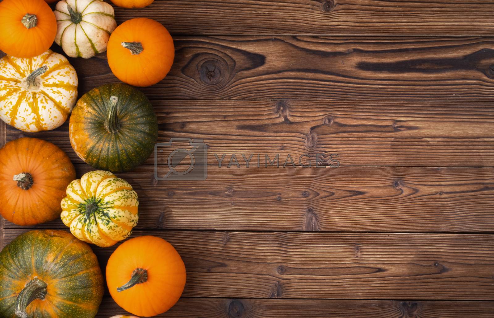 Royalty free image of Pumpkins on wooden background by Yellowj