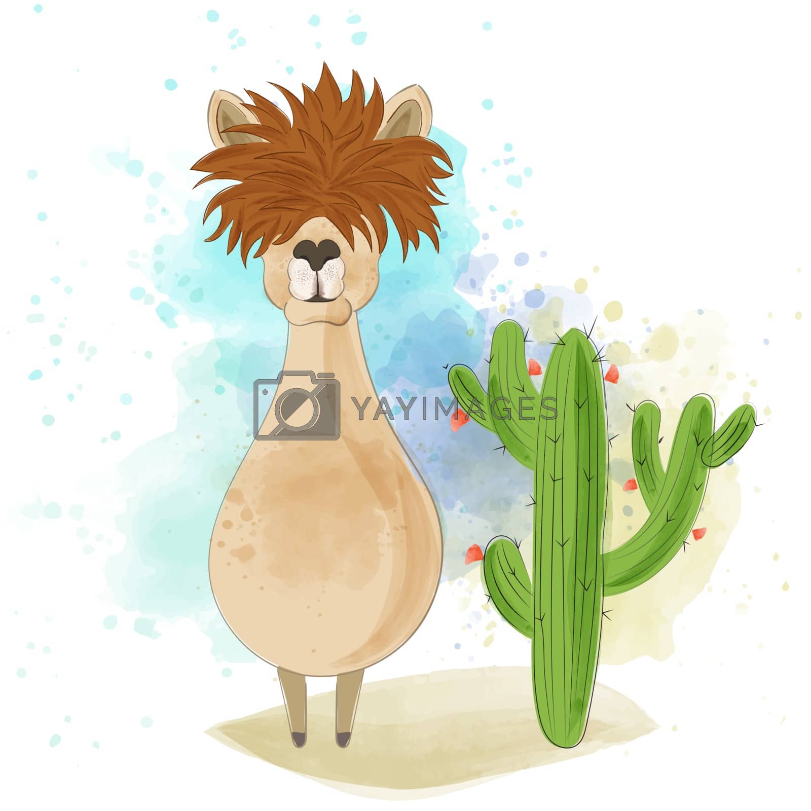 Royalty free image of Watercolor funny llama near a cactus by balasoiu