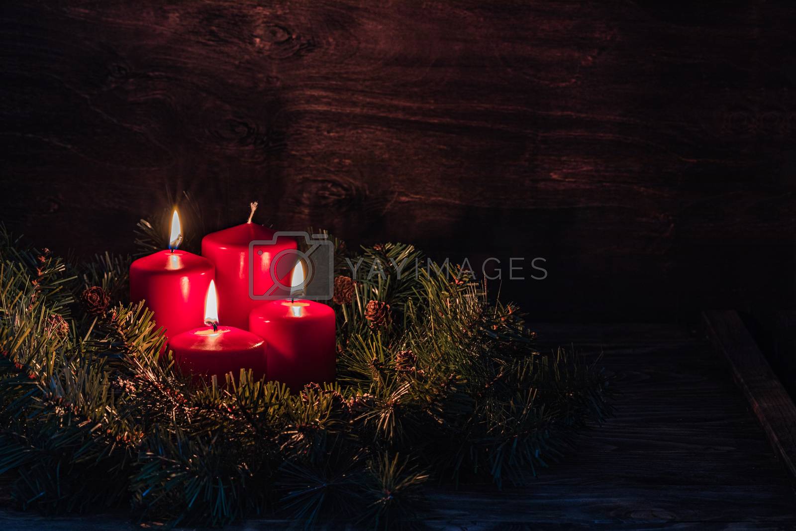 Royalty free image of Three Advent burning candles, christmas decoration, postcard concept by Katia1504