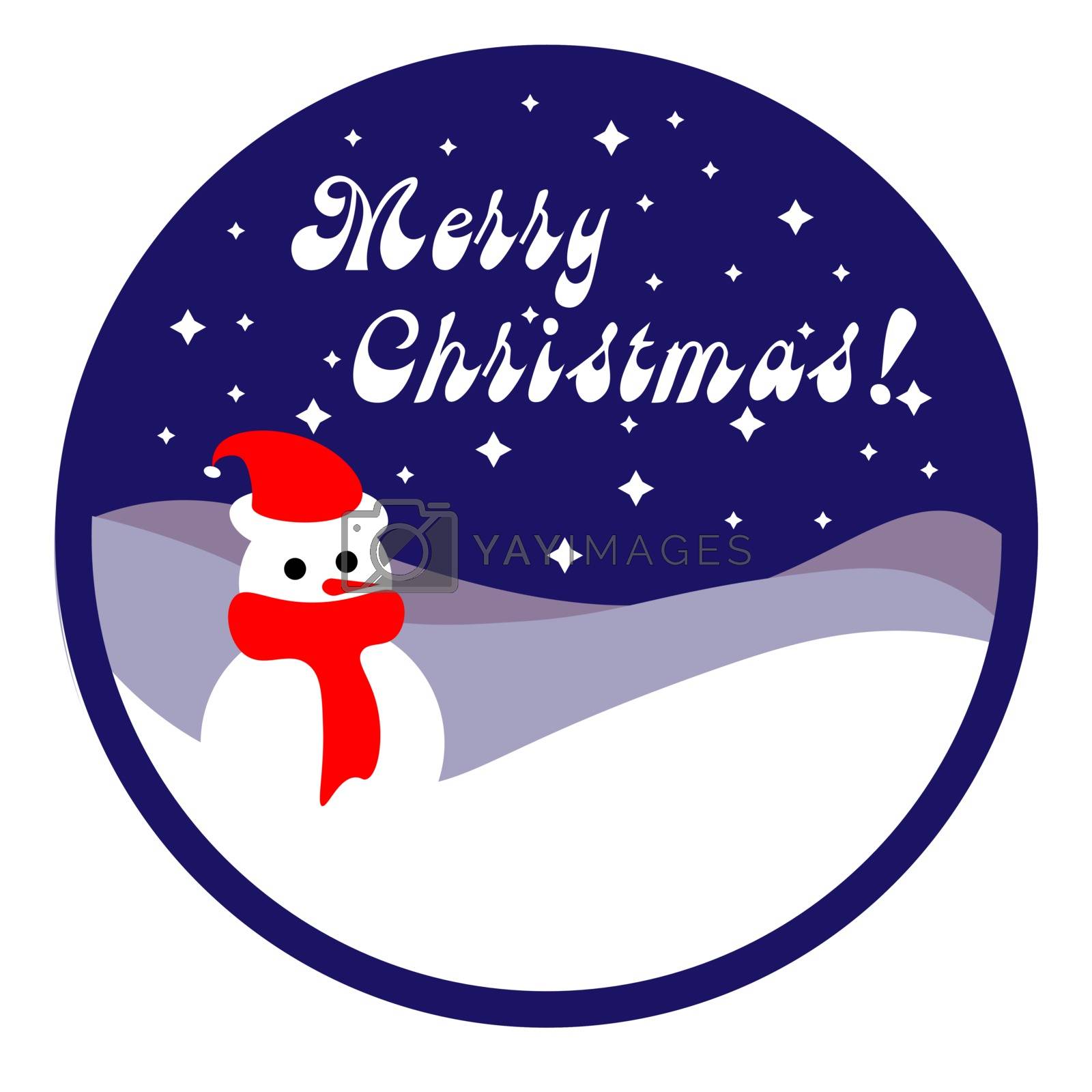 Royalty free image of Cute snowman in scarf and santa hat on snowy hills. text 'merry christmas' and starry night sky by paranoido