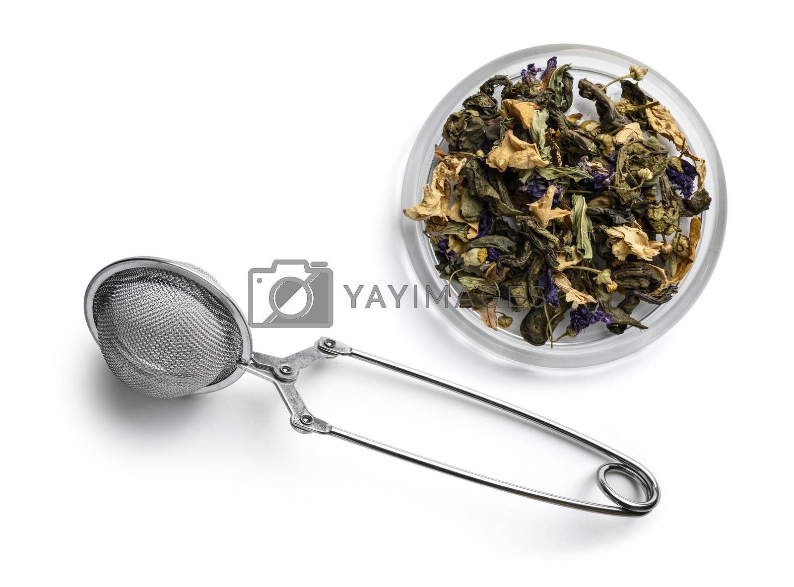 Royalty free image of Green tea with natural aromatic additives. Top view on white background by butenkow