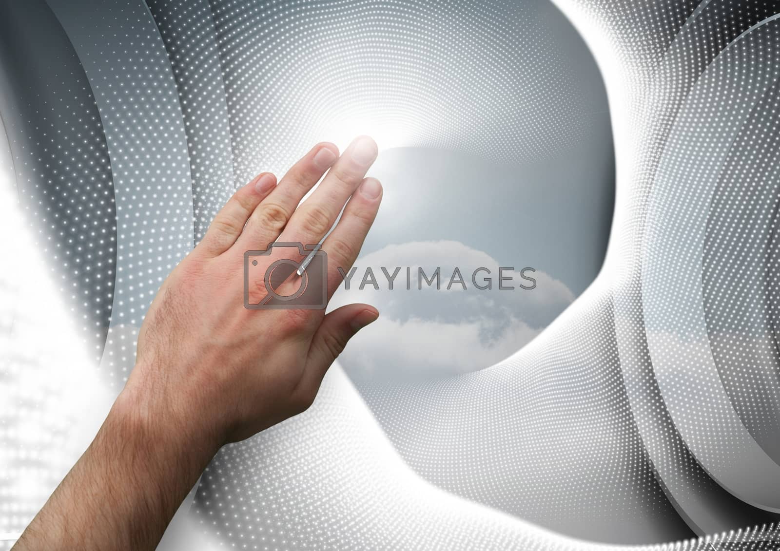 Royalty free image of Composite image of Hand touching an interaction agaisnt a grey background by Wavebreakmedia