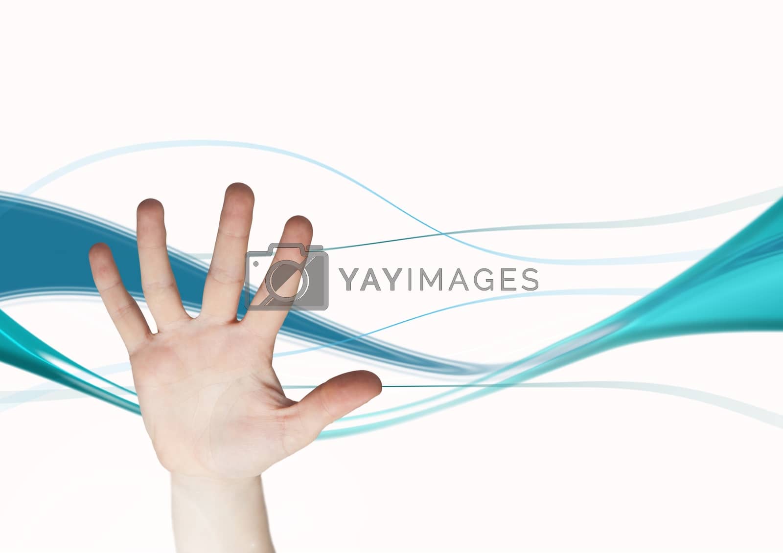 Royalty free image of Composite image of open hand against blue curves by Wavebreakmedia