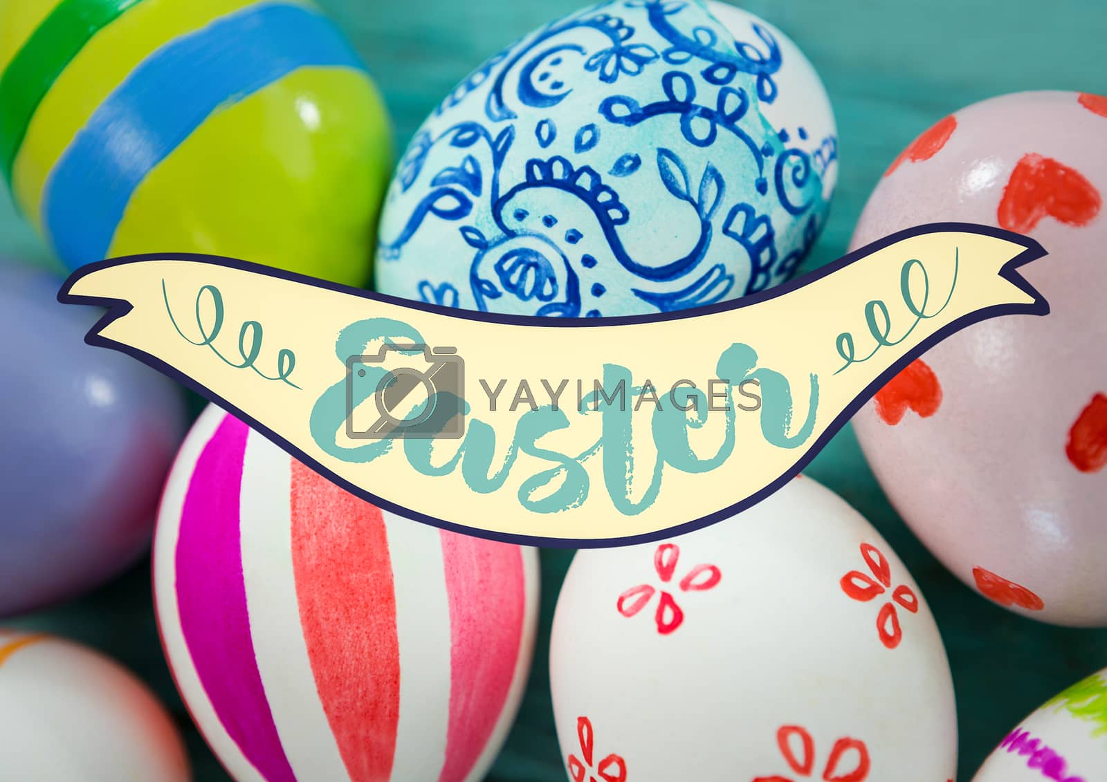 Royalty free image of Easter banner against eggs on teal table by Wavebreakmedia