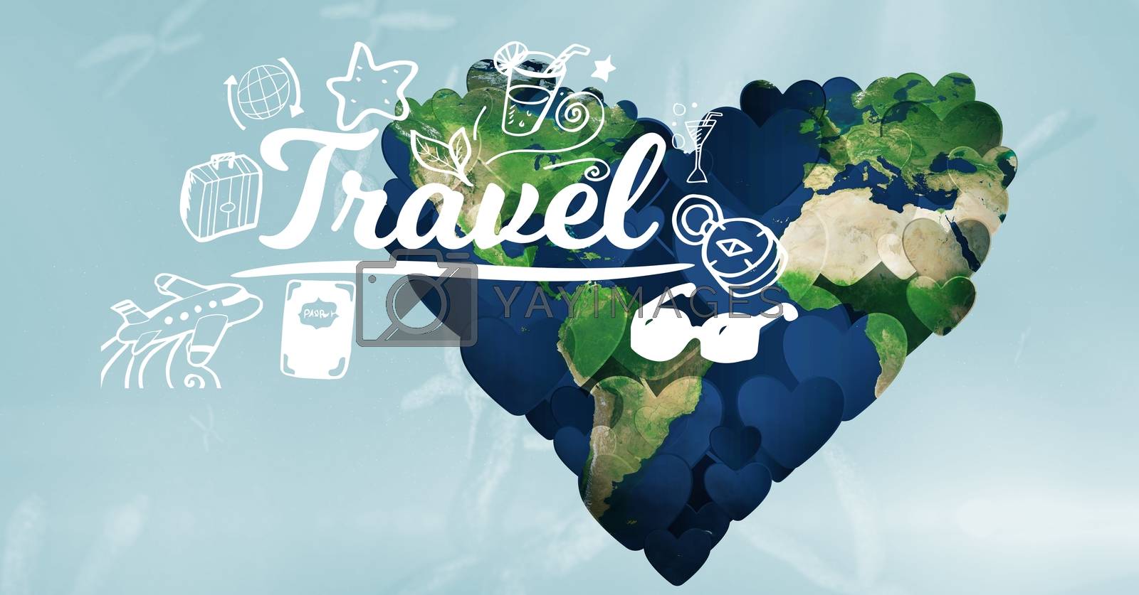 Royalty free image of 3d world in heart shape with travel text in foreground by Wavebreakmedia