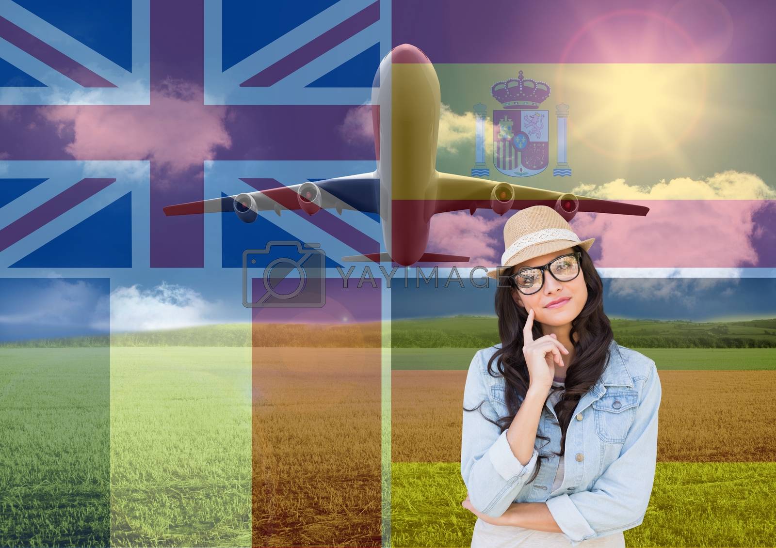 Royalty free image of main language flags overlap with plane around young woman with hat thinking by Wavebreakmedia