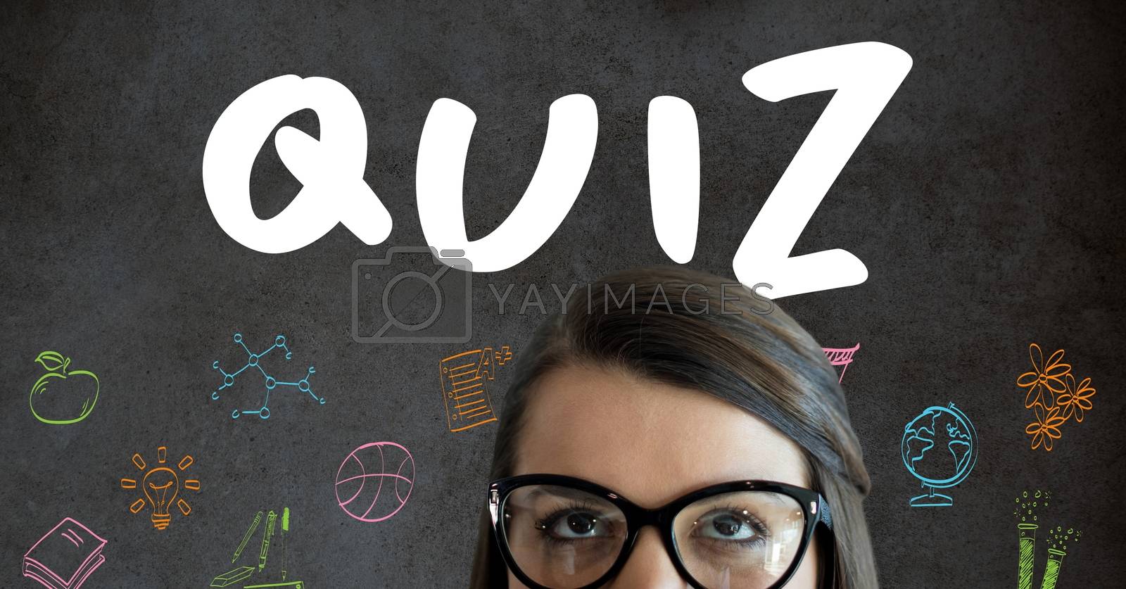 Royalty free image of Woman looking up and Quiz text with various topics icons on blackboard by Wavebreakmedia