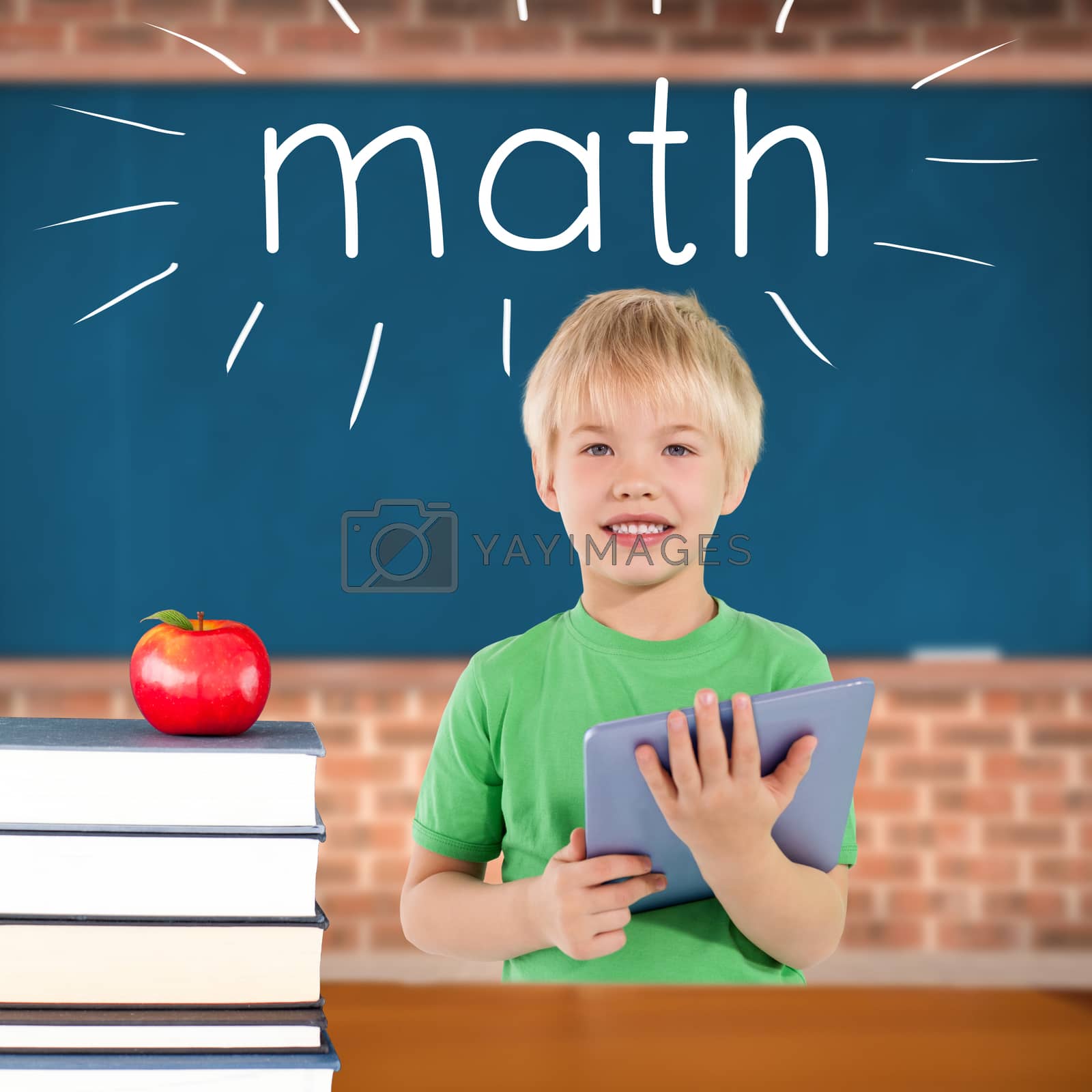 Royalty free image of Math against red apple on pile of books in classroom by Wavebreakmedia