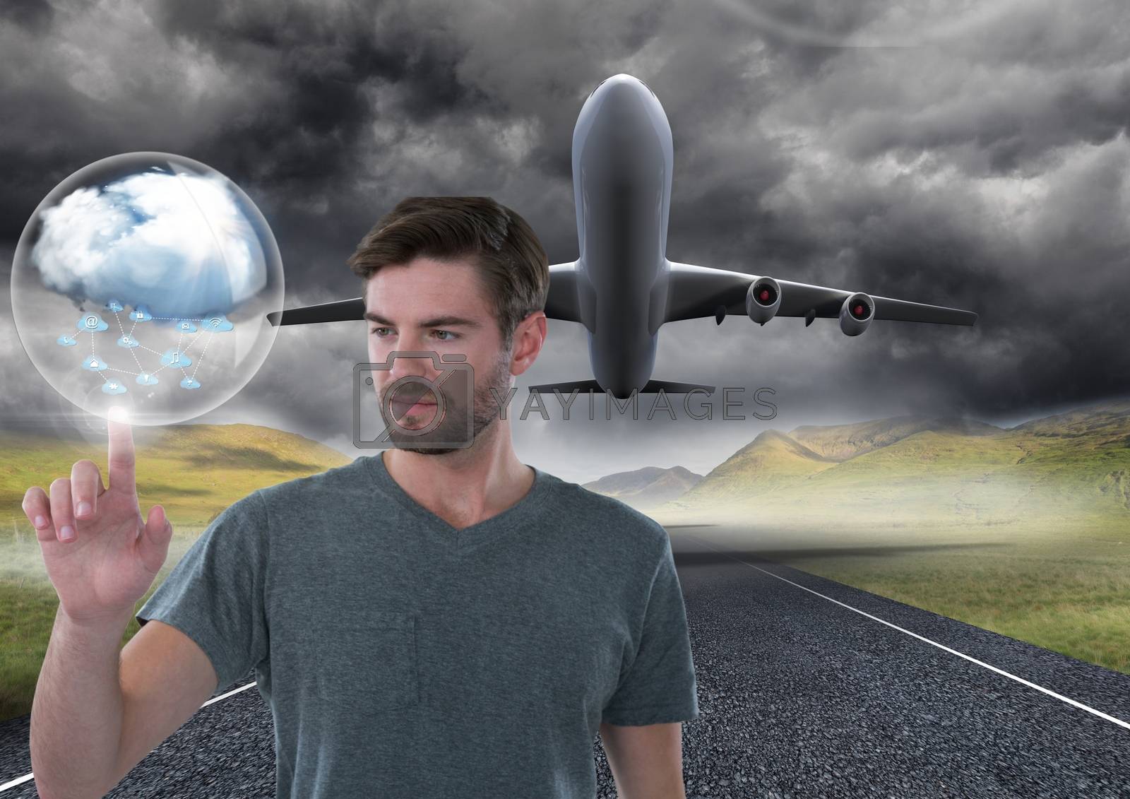 Royalty free image of Cloud bubble and Businessman touching air in front of airplane on runway by Wavebreakmedia