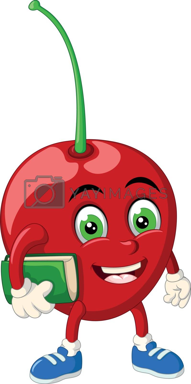 Royalty Free Vector | Red Cherry Fruit Hold Green Book Cartoon by sujono