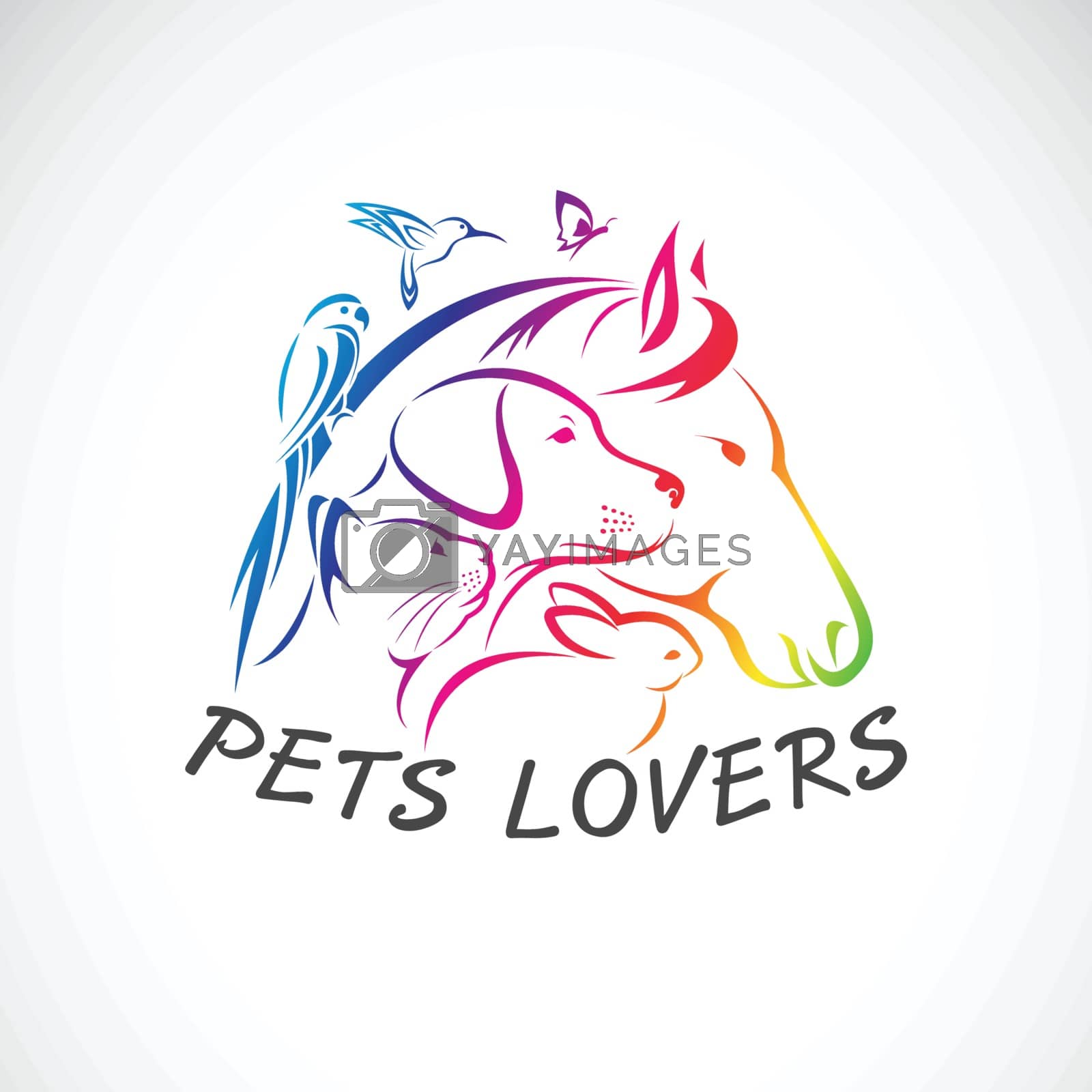 Vector group of pets - Horse, Dog, Cat, Humming bird, Parrot, Butterfly, Rabbit isolated on white background. Pet Icon or logo, Easy editable layered vector illustration. Animal group.