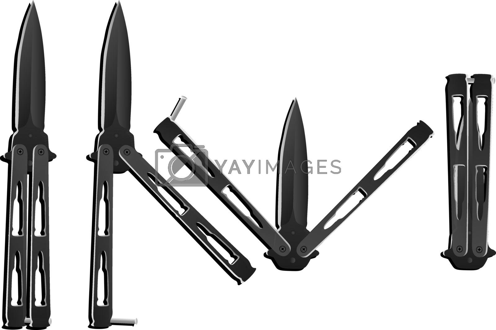 Royalty free image of Realistic black balisong or butterfly knife in four different positions by paranoido