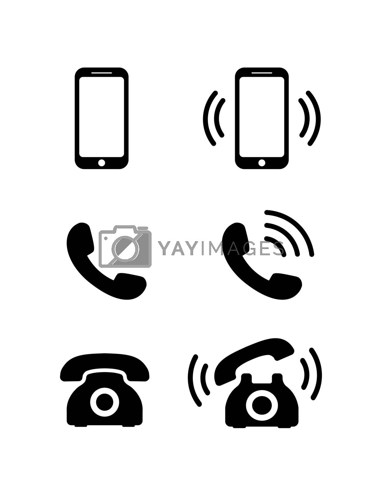 Retro and mobile phone icon set. Black phone symbols in flat style. Ringing phone signs isolated on white background. Simple vector telephone abstract icons for web site design or button to mobile app