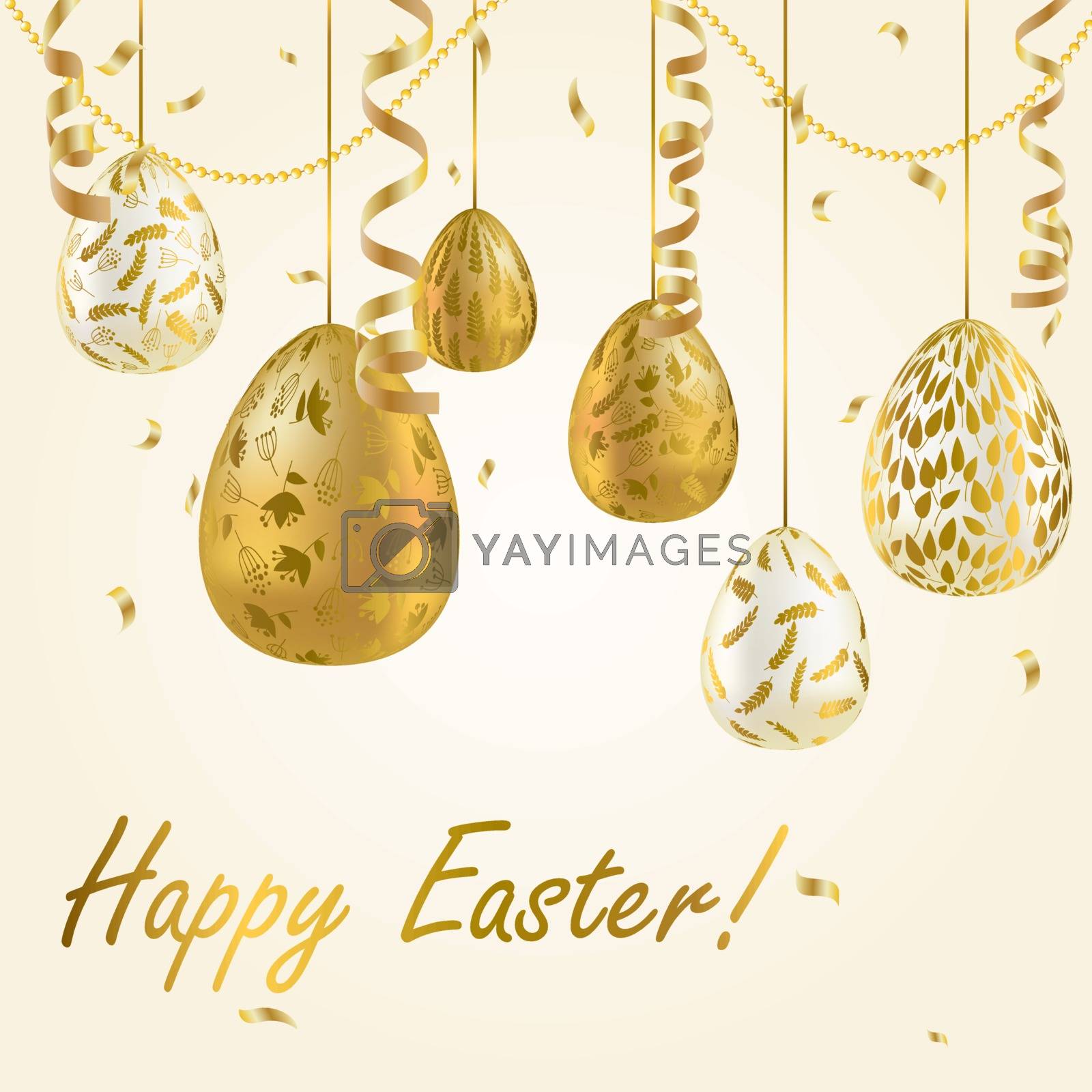 Royalty free image of Easter egg. Greeting card with Golden eggs. Religious holiday vector illustration for poster, flyer. Decorate Golden eggs with plant ornaments on a light background. by LittleCuckoo