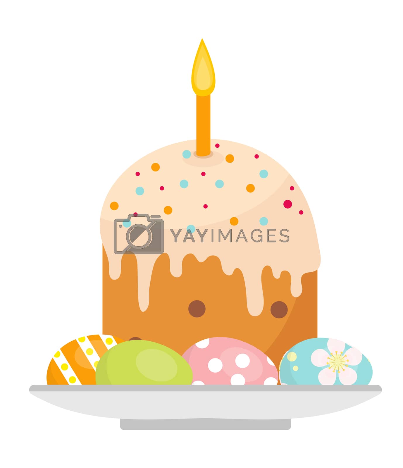 Royalty free image of Easter cake with candles on a plate with eggs icon, flat style. Isolated on white background. illustration, clip-art. by lucia_fox