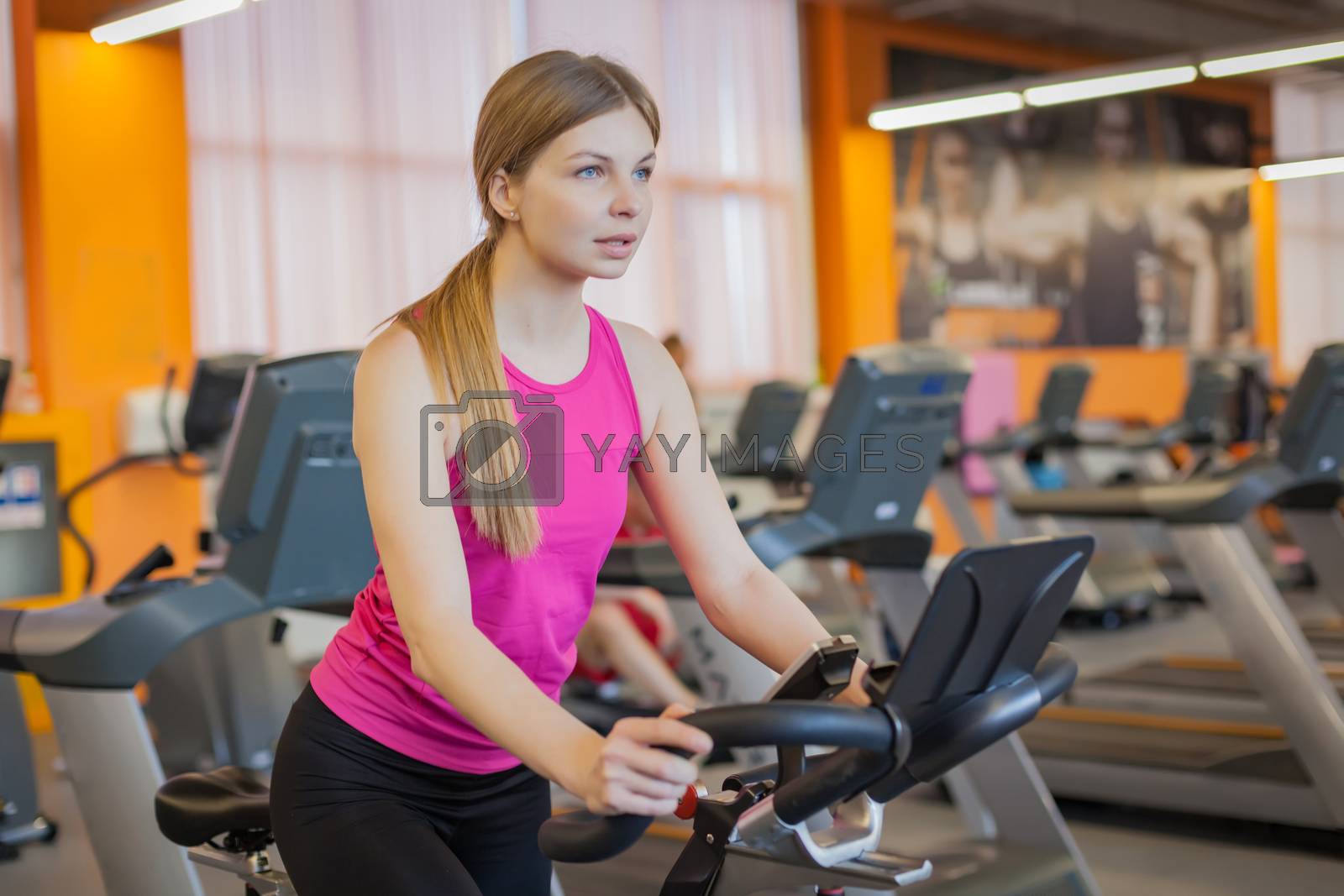 Royalty free image of Woman doing cardio workout biking training in gym by Angel_a