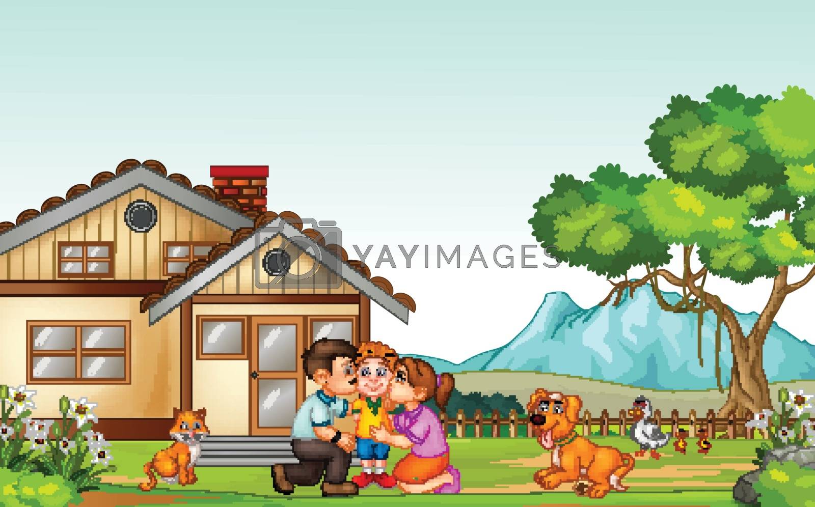 Happy Family With Their Pets in Front of House Cartoon Vector Illustration