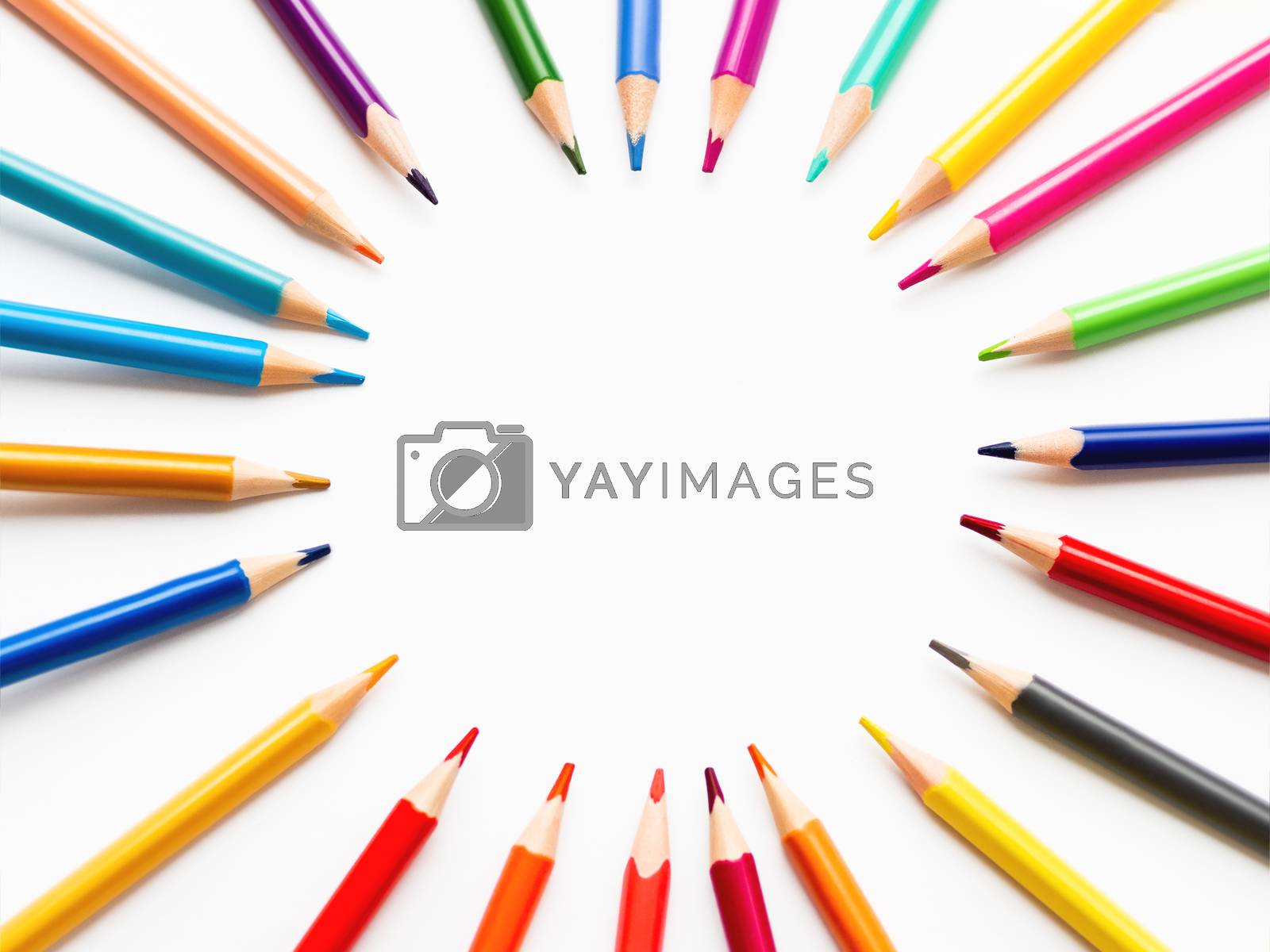 Royalty free image of Colorful watercolor pencils on white background. School supplies with round copy space. Kid's stationery. Back to school circle backdrop. by aksenovko