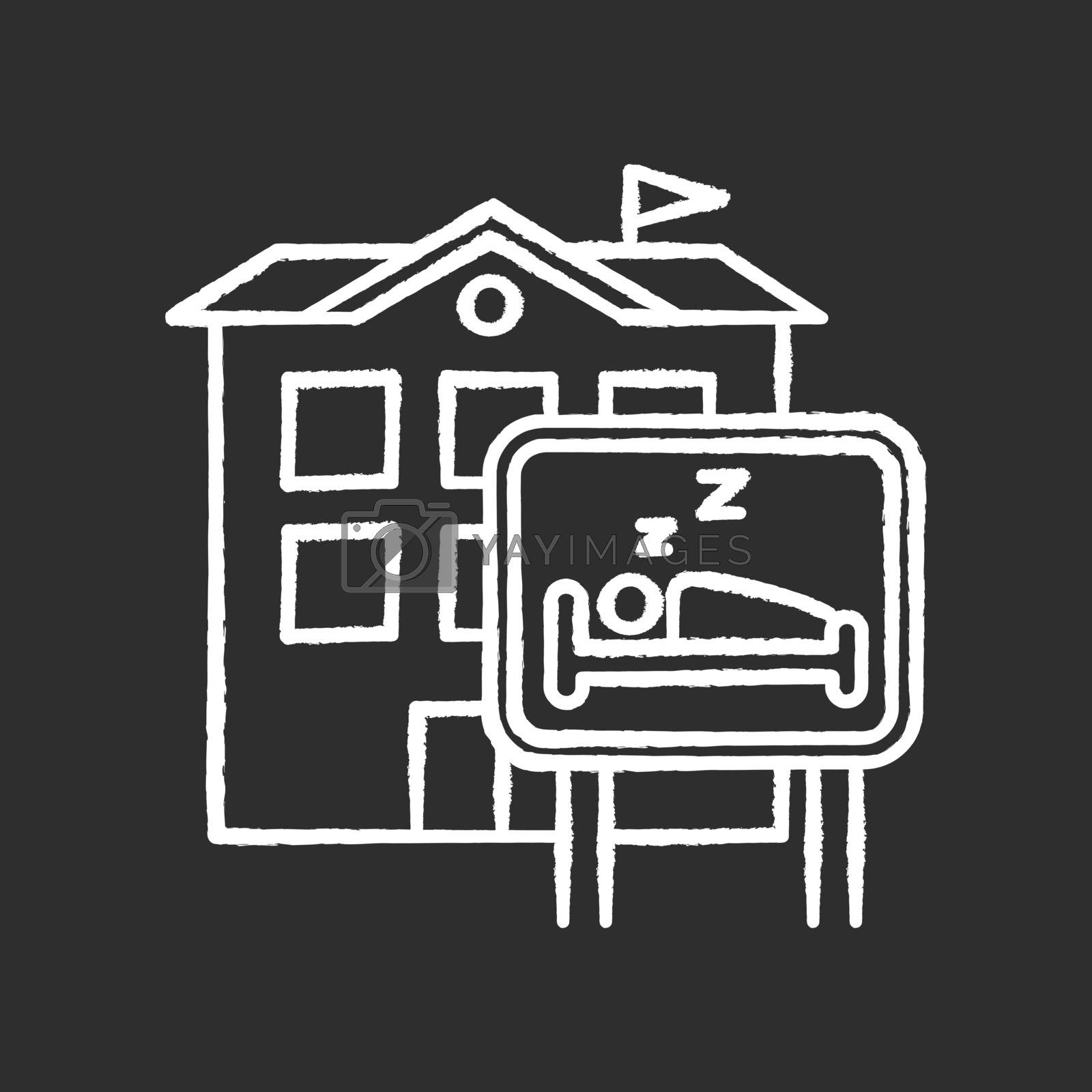 Royalty free image of Hotel chalk white icon on black background. Hostel. Motel building. Sleeping accommodation services. Travelling facilities. Residential area. Apartment block. Isolated vector chalkboard illustration by bsd