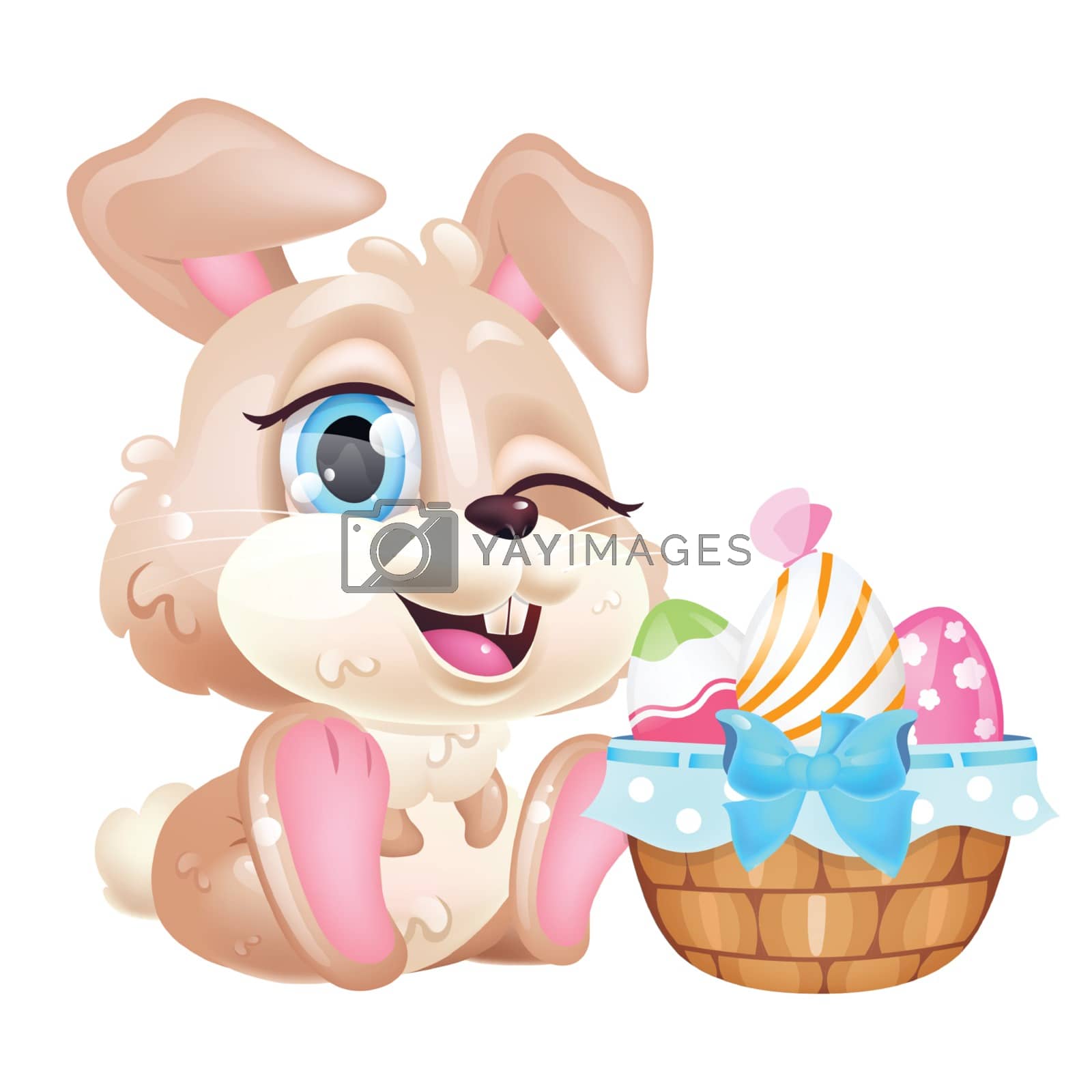 Royalty free image of Cute winking Easter hare kawaii cartoon vector character. Adorable and funny animal Pascha symbol isolated sticker, patch. Anime baby rabbit sitting with eggs festive basket emoji on white background by ntl