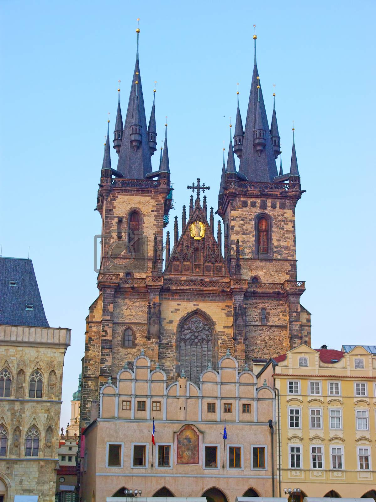 Town Hall Square, catholic Cathedral towers in Prague