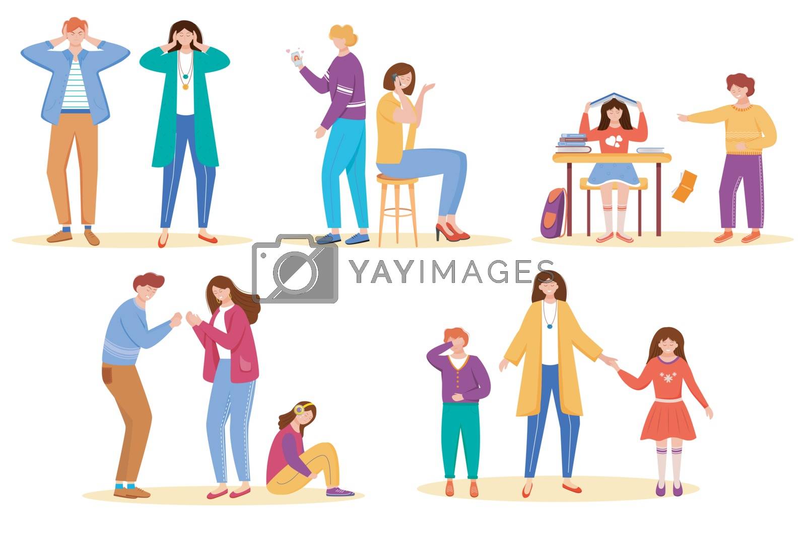 Royalty free image of Trouble relationship flat vector illustrations set. School bullying. Marriage problems. Cheating partner. Misunderstanding and quarrels. Unhappy people. Family problems isolated cartoon characters by ntl