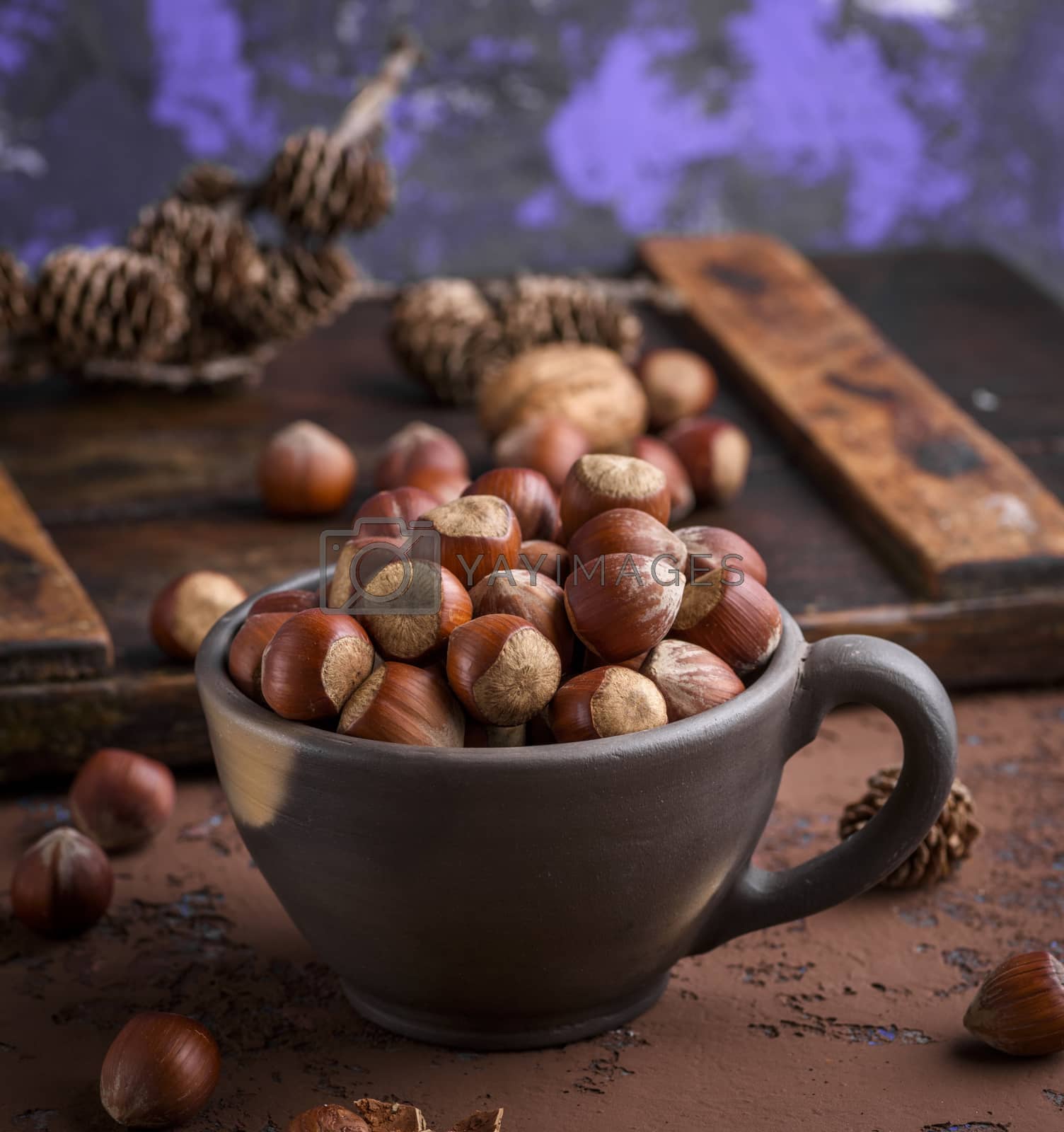 Royalty free image of whole hazelnut nutshell in a brown clay cup by ndanko