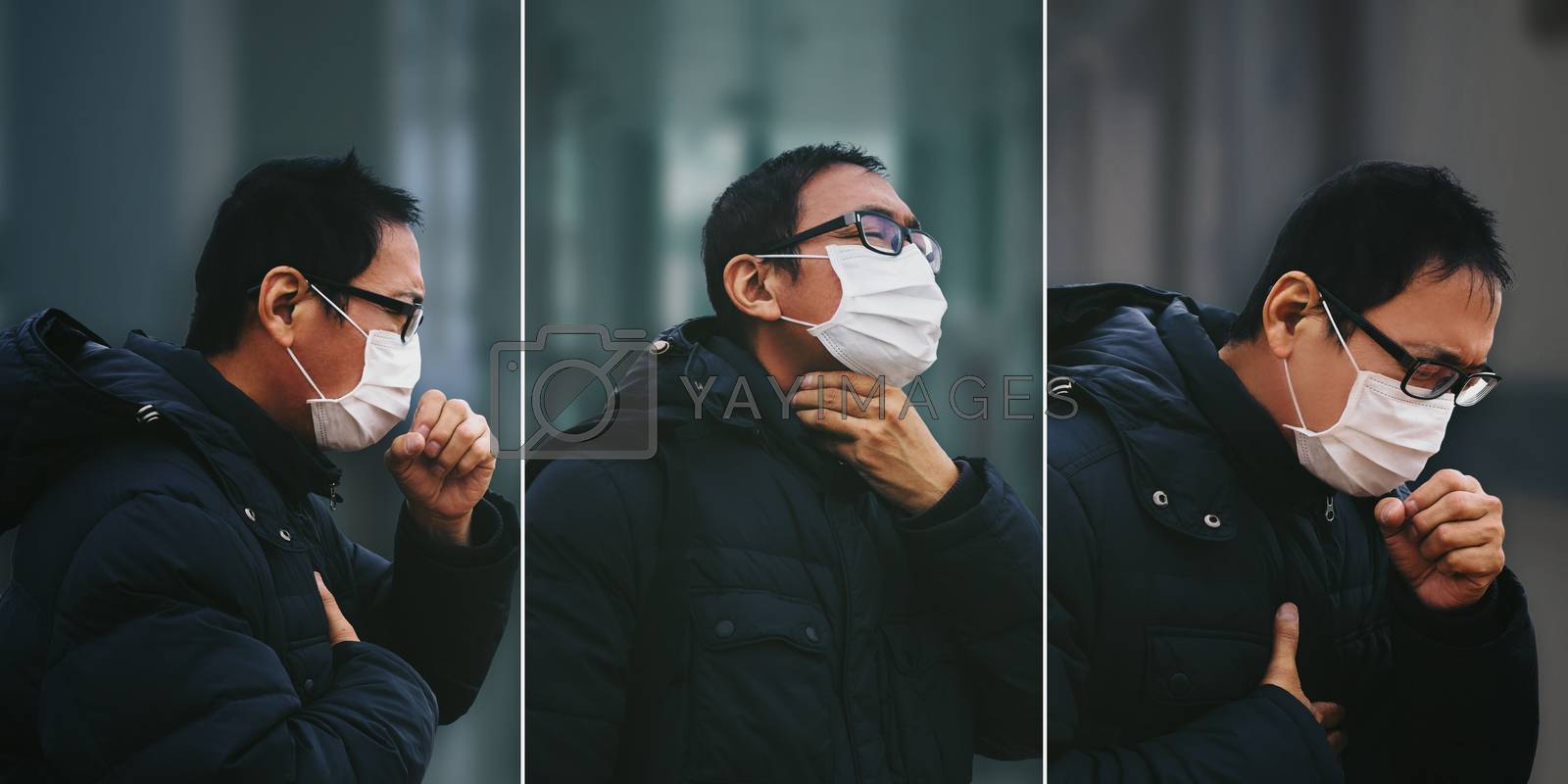 Royalty free image of Asian man suffer from cough with face mask protection by tomwang