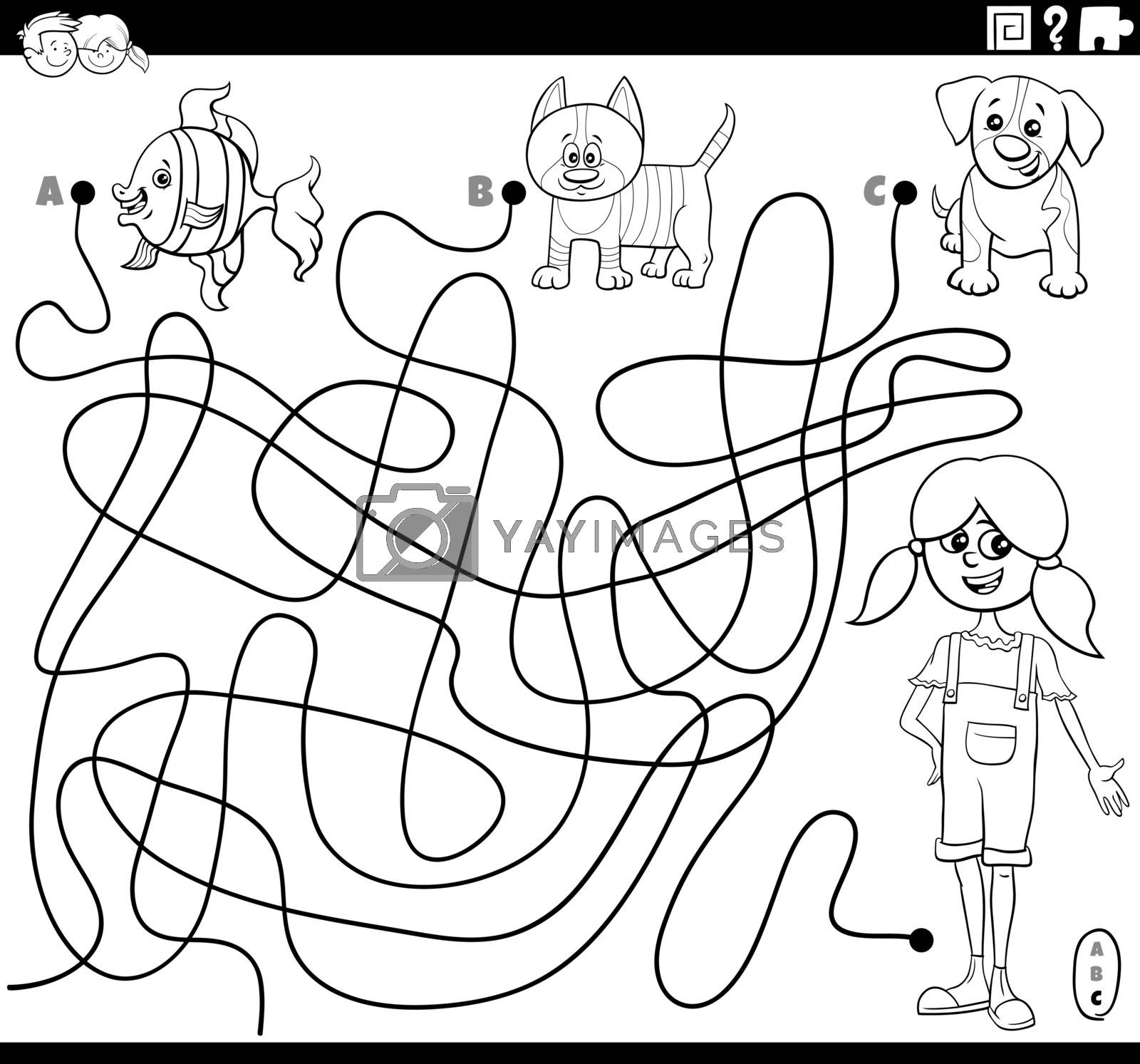 Black and White Cartoon Illustration of Lines Maze Puzzle Game with Comic Girl and Pets Coloring Book Page